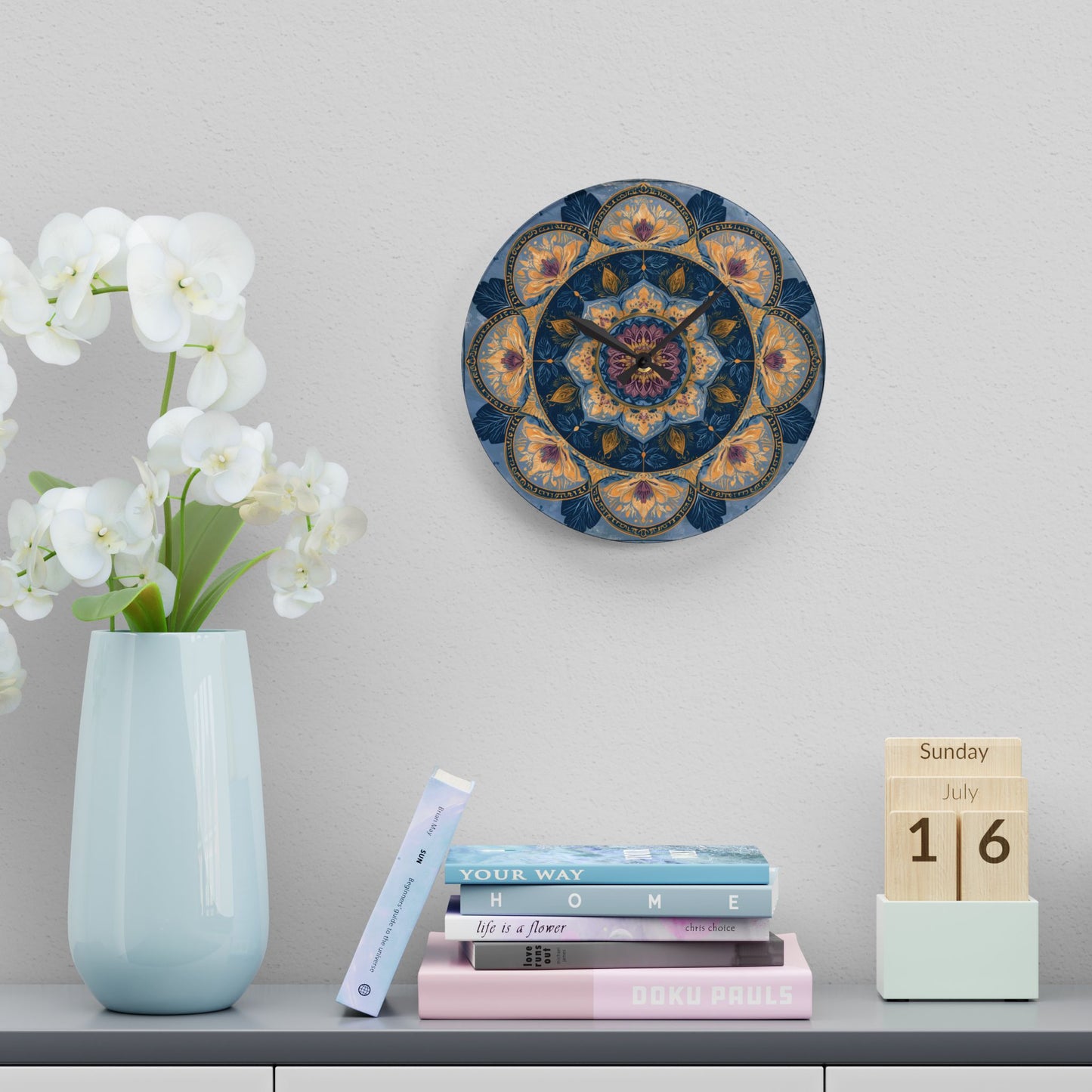 Mandala Floral Acrylic Wall Clock — Boho Blue Decorative Home Clock