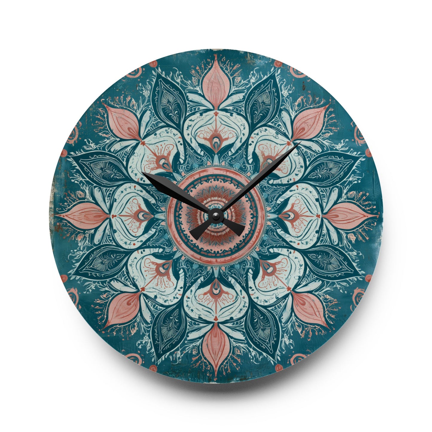 Mandala Floral Acrylic Wall Clock — Teal & Coral Boho Home Decor