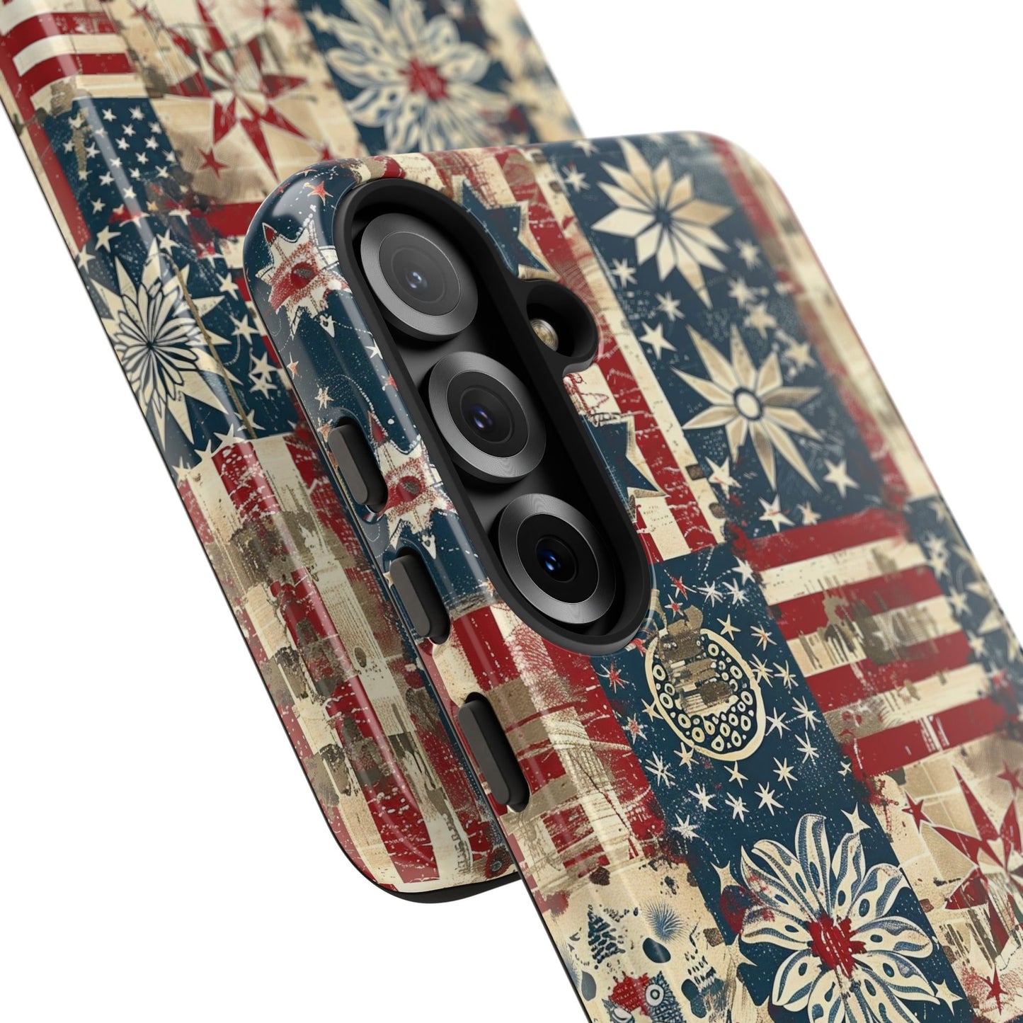 Patriotic Patchwork Phone Case — Vintage American Flag Stars & Quilted Design