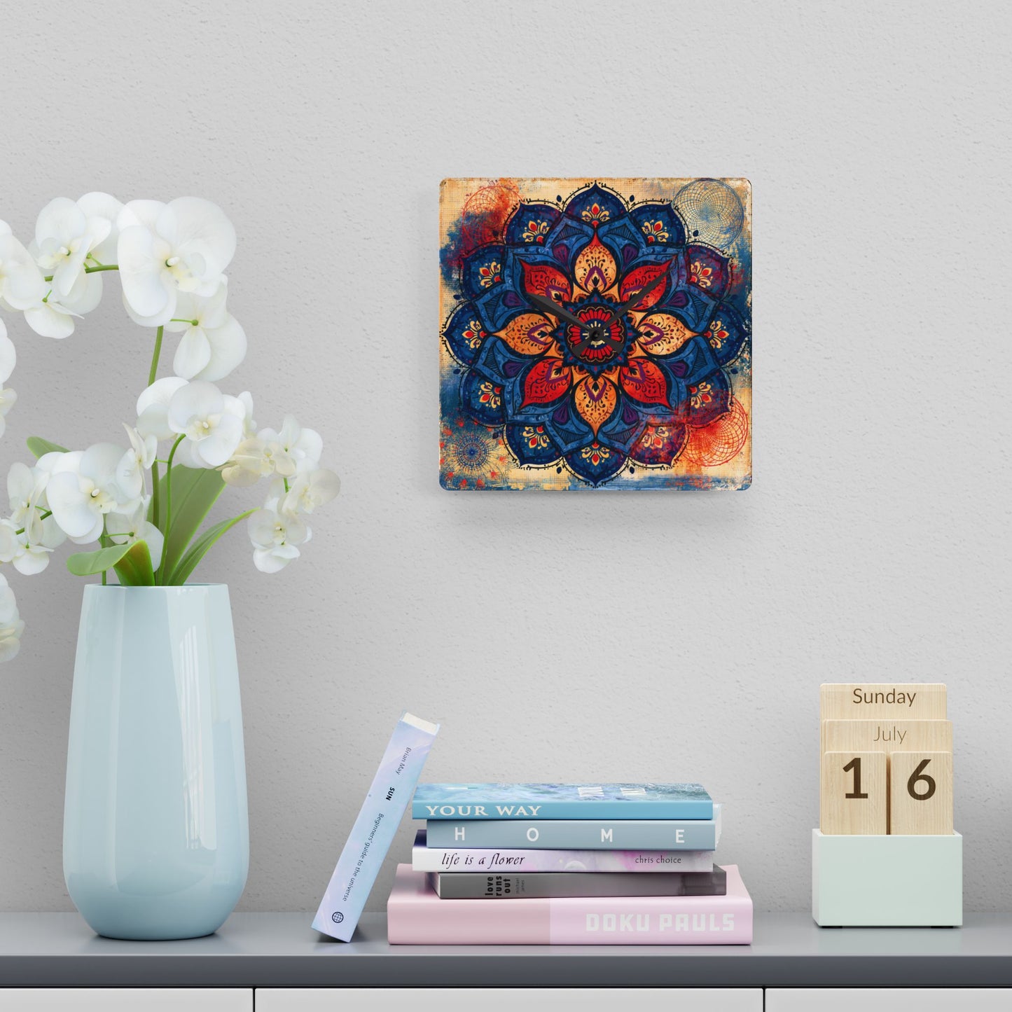 Mandala Acrylic Wall Clock — Colorful Boho Floral Timepiece