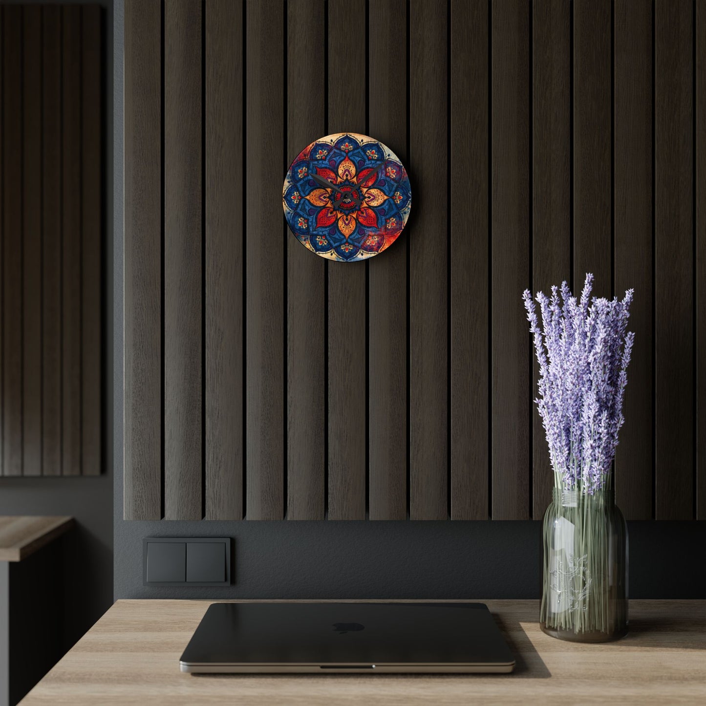 Mandala Acrylic Wall Clock — Colorful Boho Floral Timepiece
