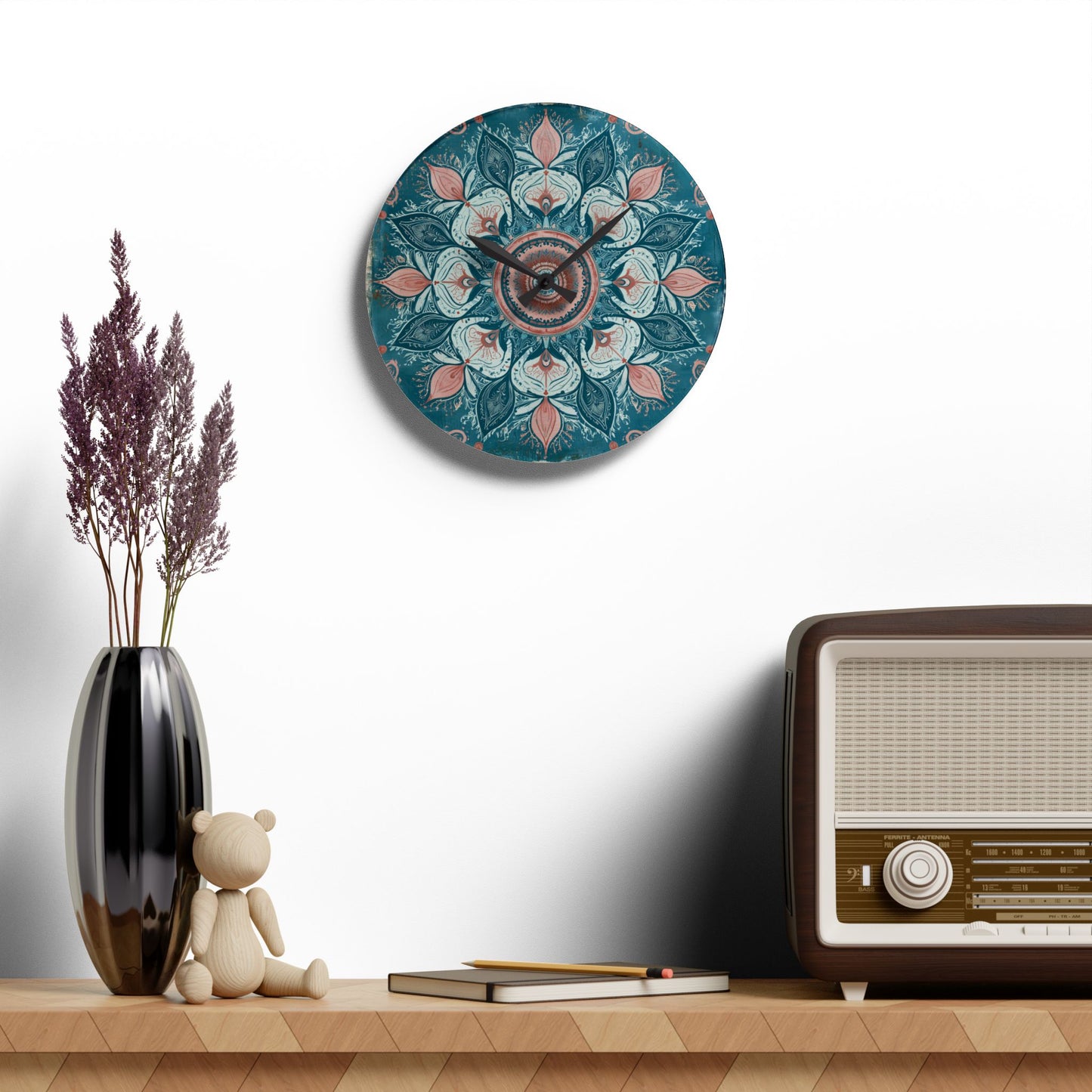 Mandala Floral Acrylic Wall Clock — Teal & Coral Boho Home Decor