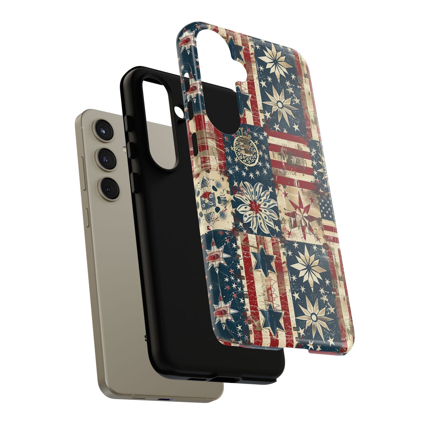 Patriotic Patchwork Phone Case — Vintage American Flag Stars & Quilted Design
