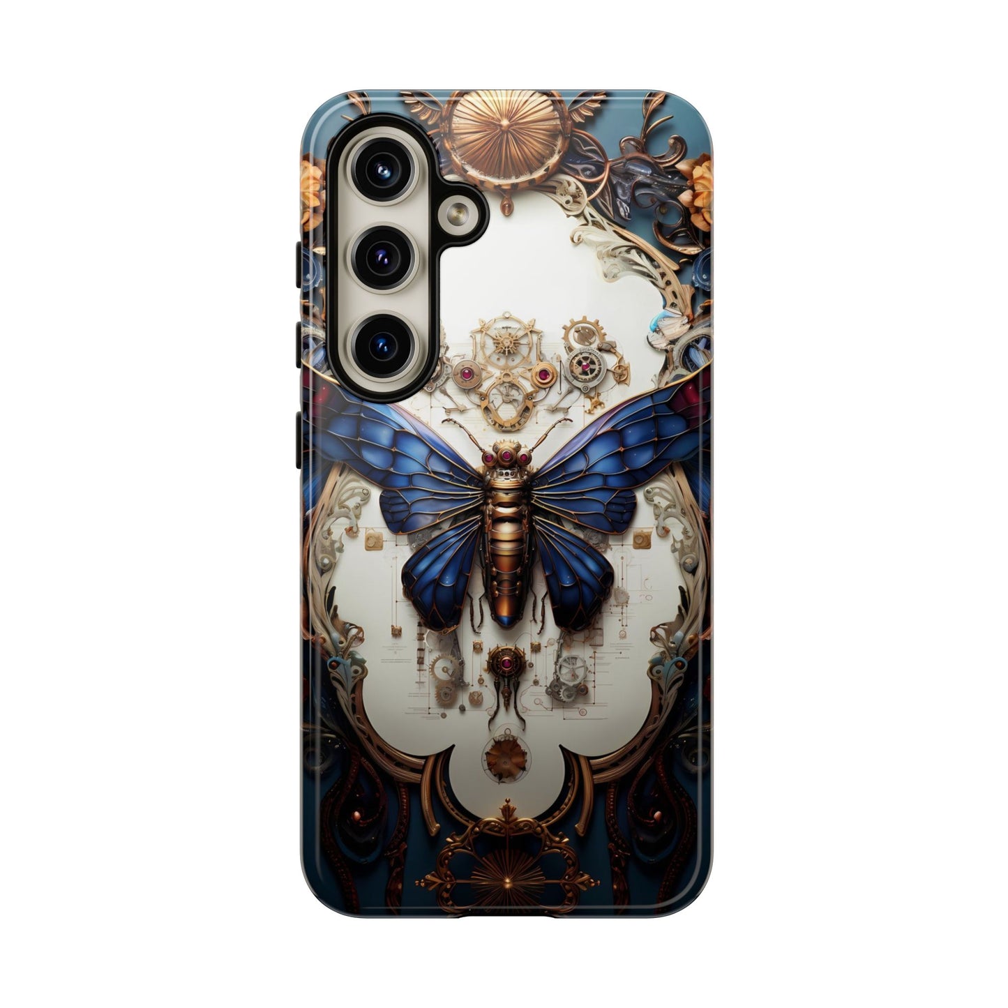 Blue Steampunk Cicada Tough Phone Case: Vintage Animatronic Insect Art for iPhone, Samsung Galaxy, and Google Pixel