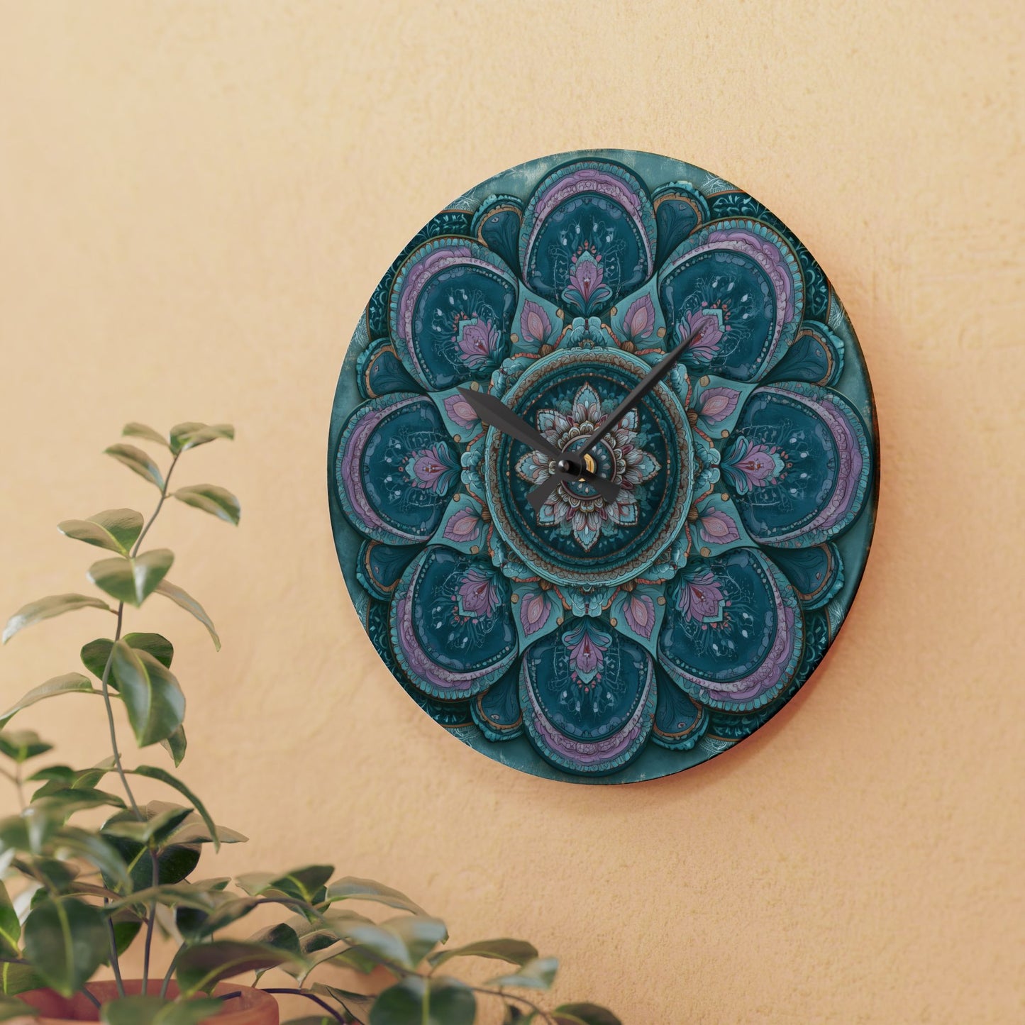 Mandala Acrylic Wall Clock – Teal & Pink Boho Decorative Clock
