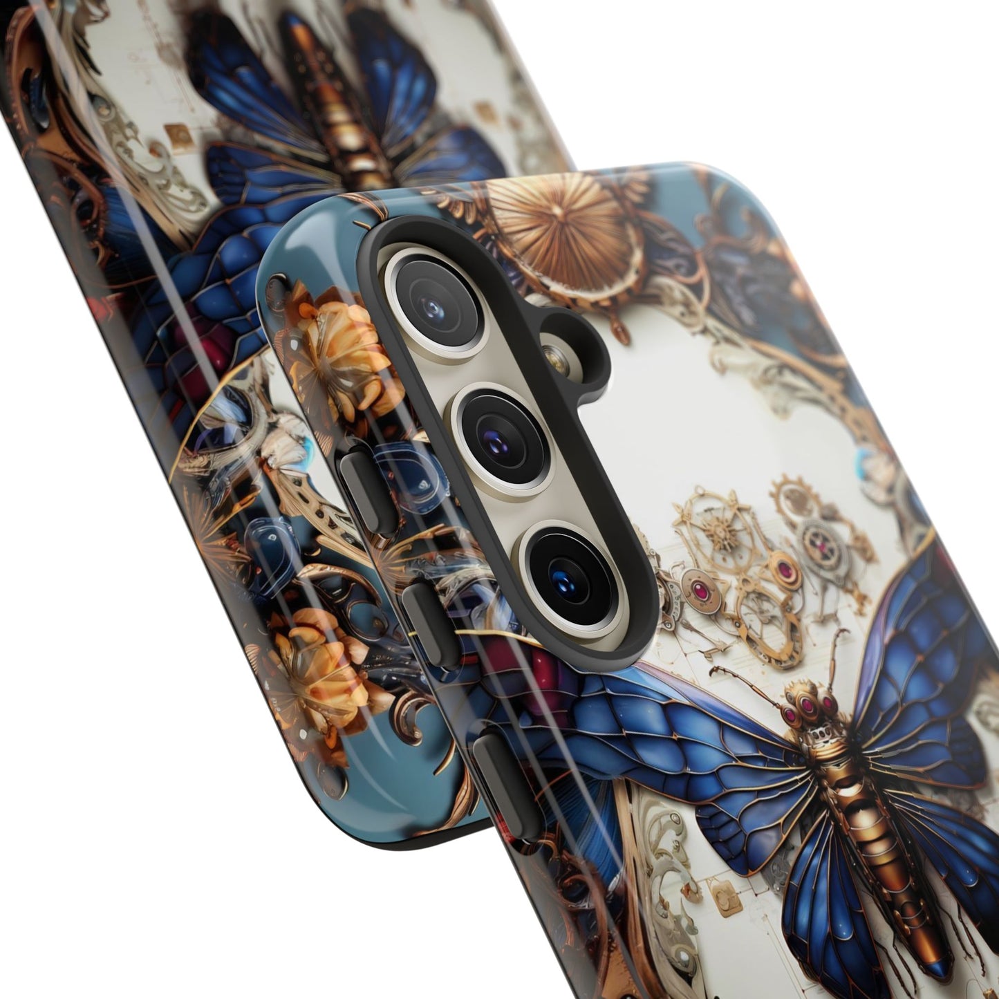 Blue Steampunk Cicada Tough Phone Case: Vintage Animatronic Insect Art for iPhone, Samsung Galaxy, and Google Pixel