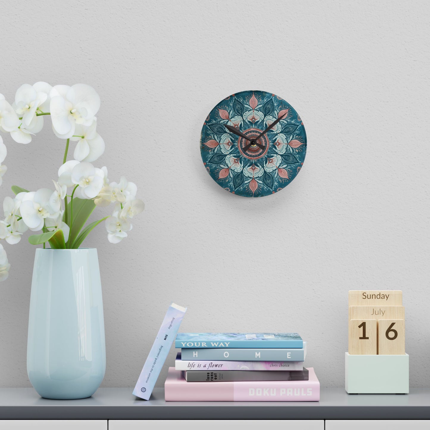 Mandala Floral Acrylic Wall Clock — Teal & Coral Boho Home Decor