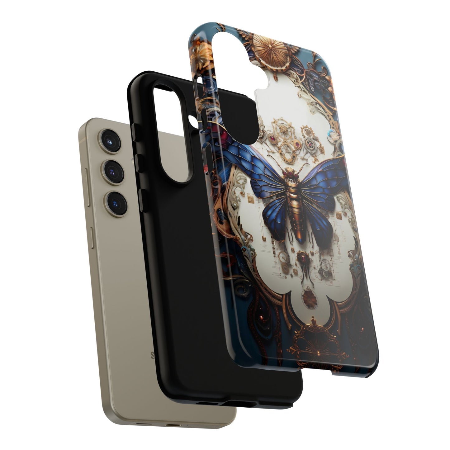 Blue Steampunk Cicada Tough Phone Case: Vintage Animatronic Insect Art for iPhone, Samsung Galaxy, and Google Pixel