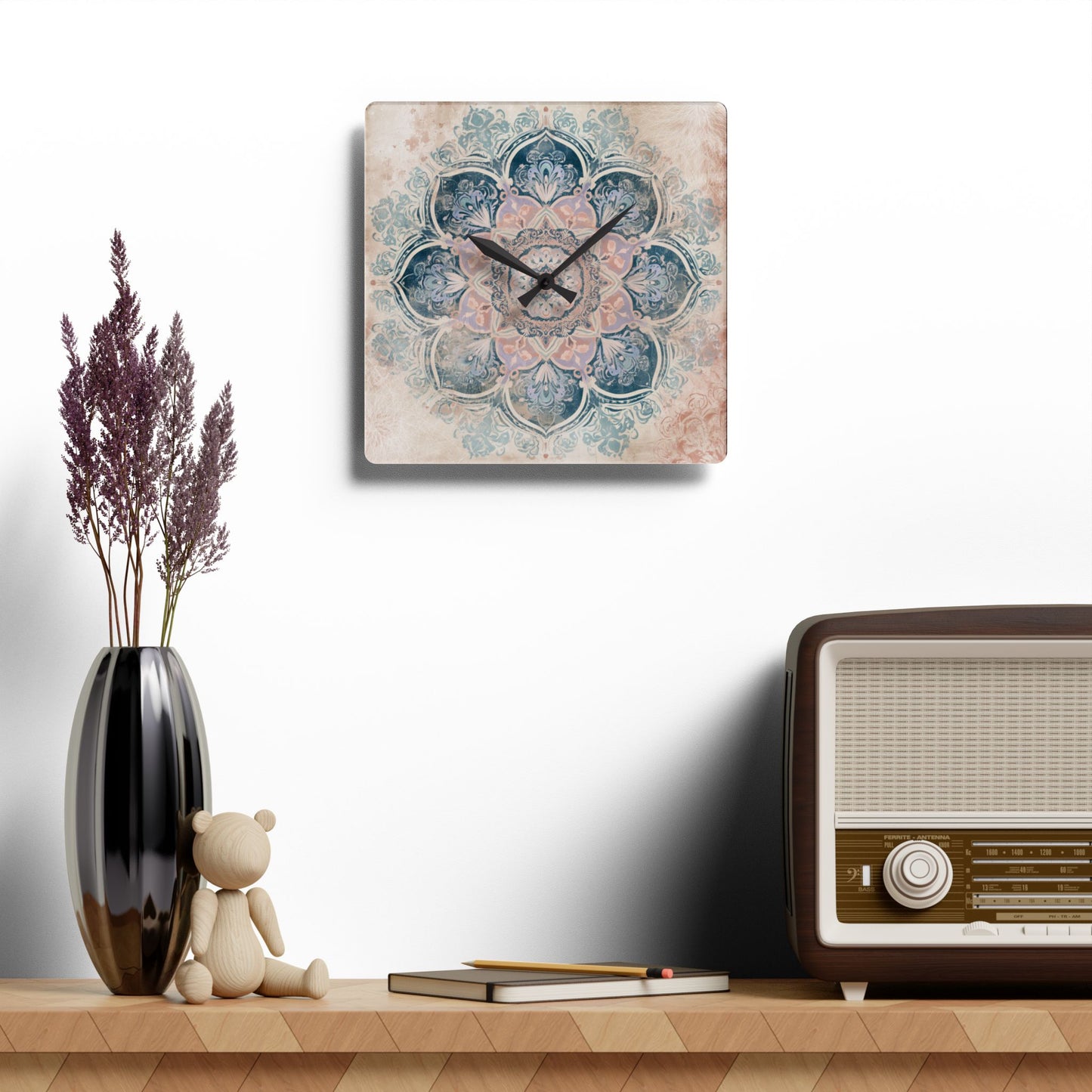 Boho Mandala Acrylic Wall Clock — Pastel Floral Decorative Clock