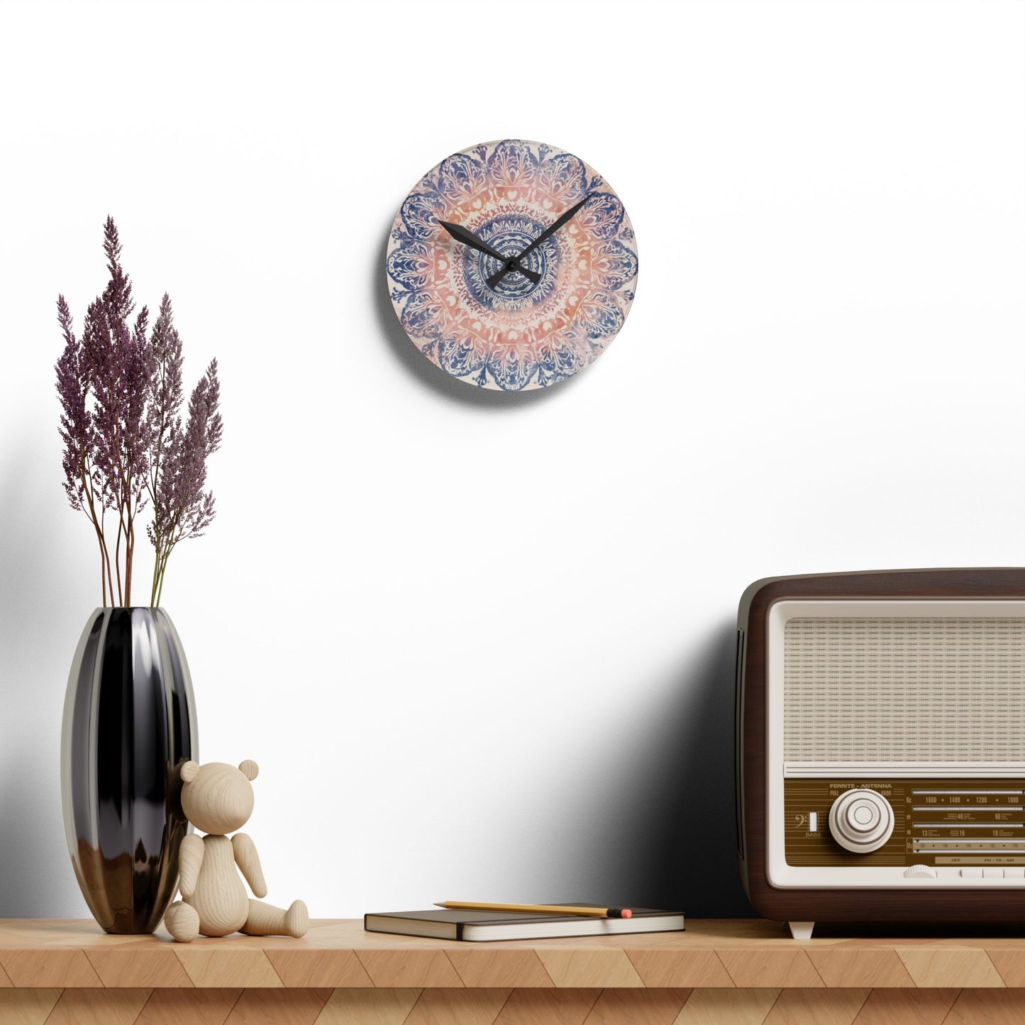 Mandala Acrylic Wall Clock — Boho Peach & Navy Decorative Clock