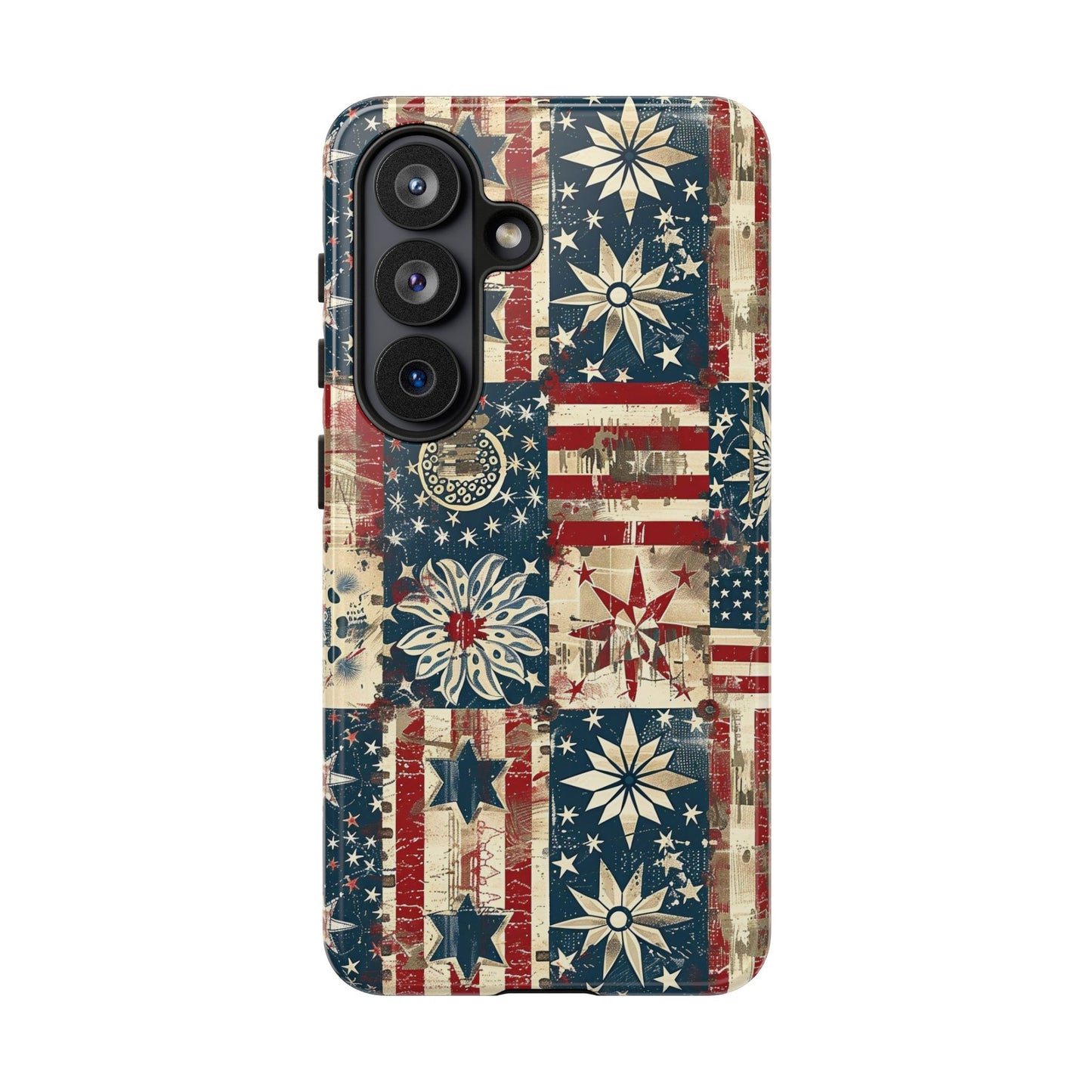 Patriotic Patchwork Phone Case — Vintage American Flag Stars & Quilted Design