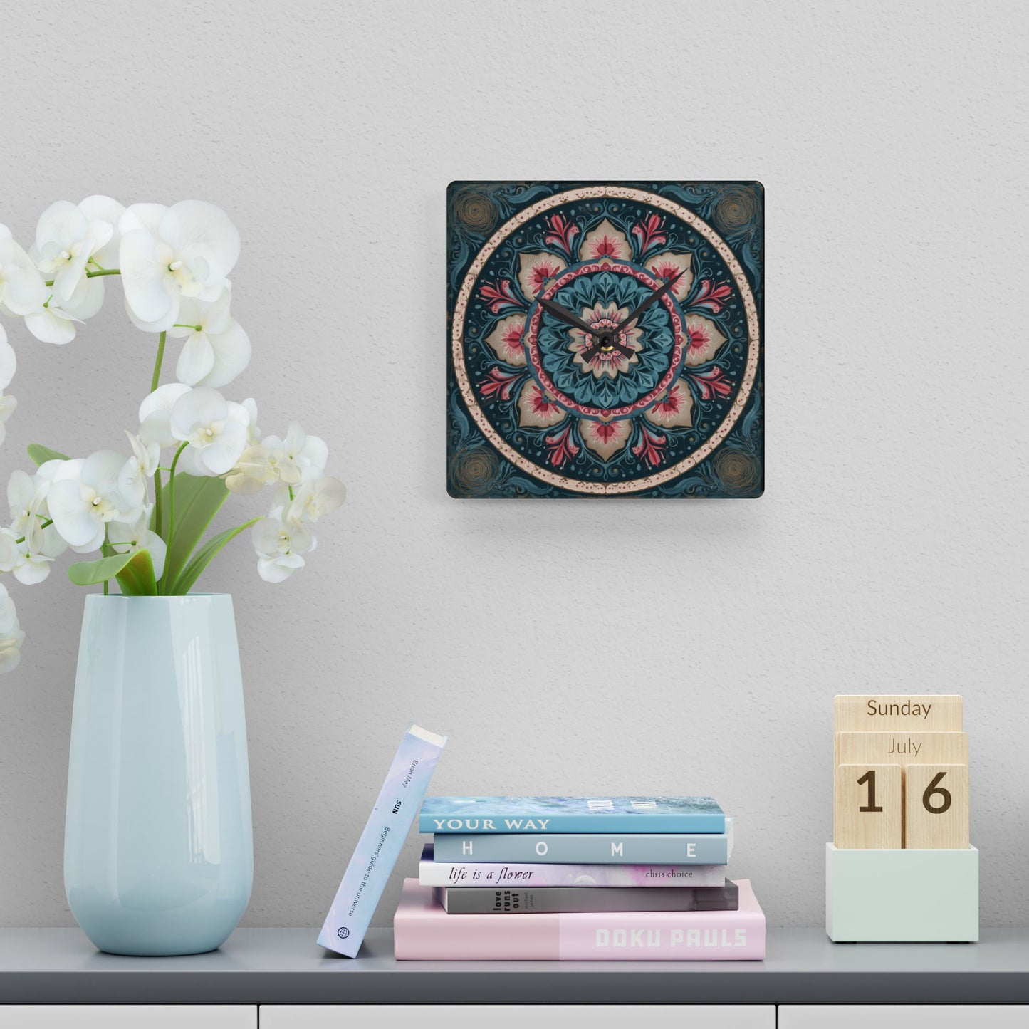 Bohemian Floral Mandala Acrylic Wall Clock — Decorative Home Accent