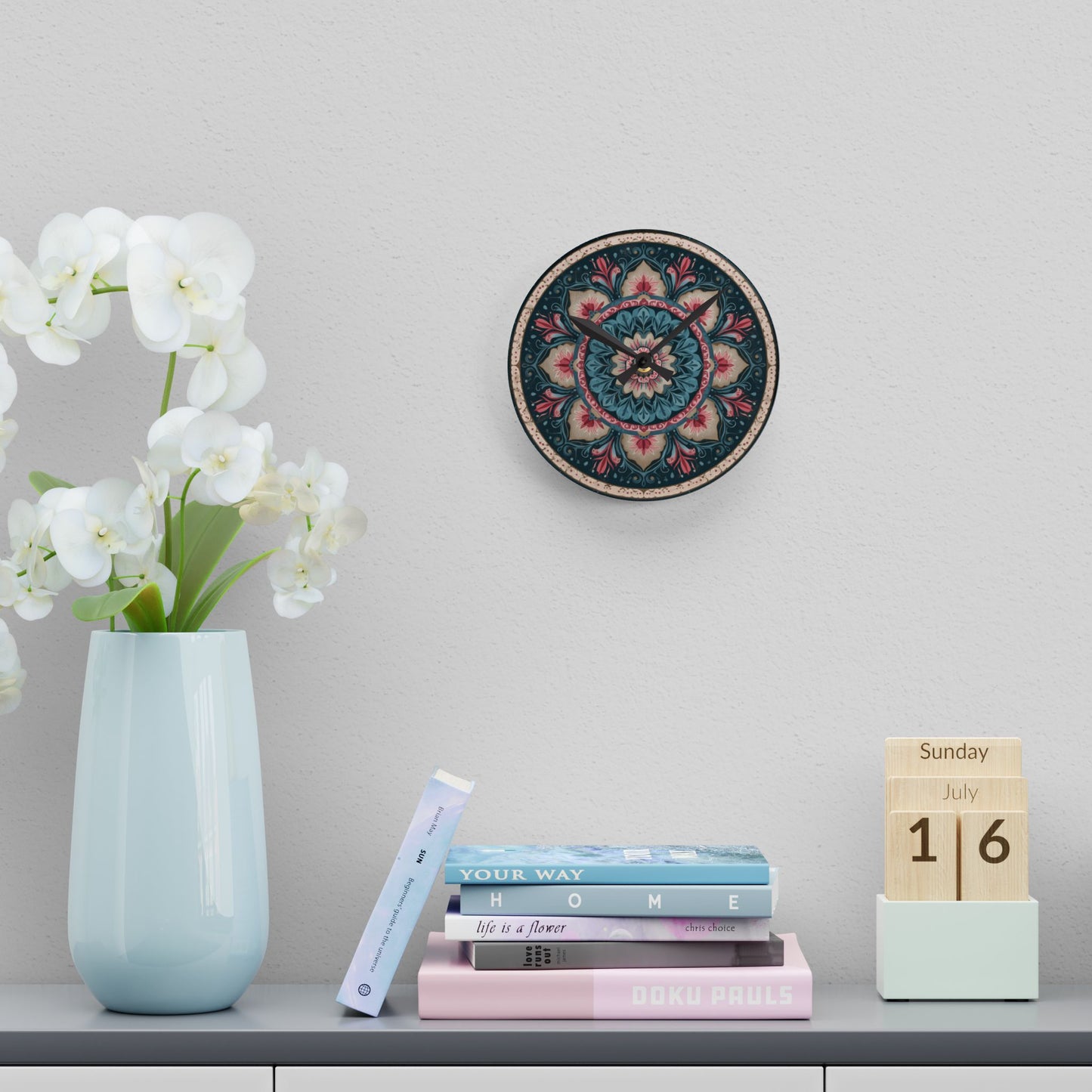 Bohemian Floral Mandala Acrylic Wall Clock — Decorative Home Accent
