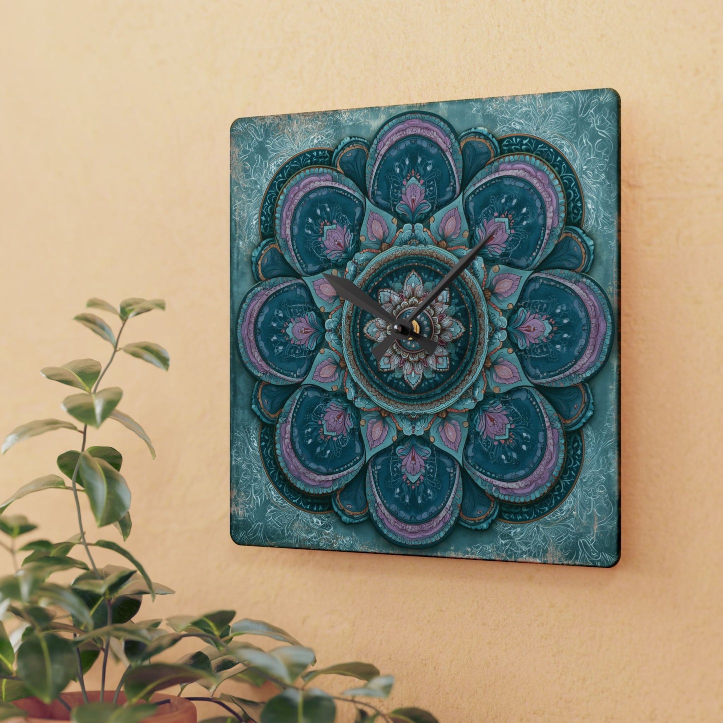 Mandala Acrylic Wall Clock – Teal & Pink Boho Decorative Clock