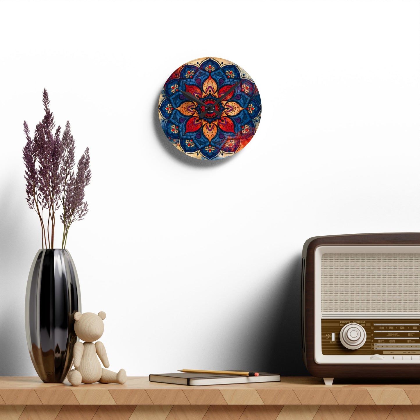 Mandala Acrylic Wall Clock — Colorful Boho Floral Timepiece