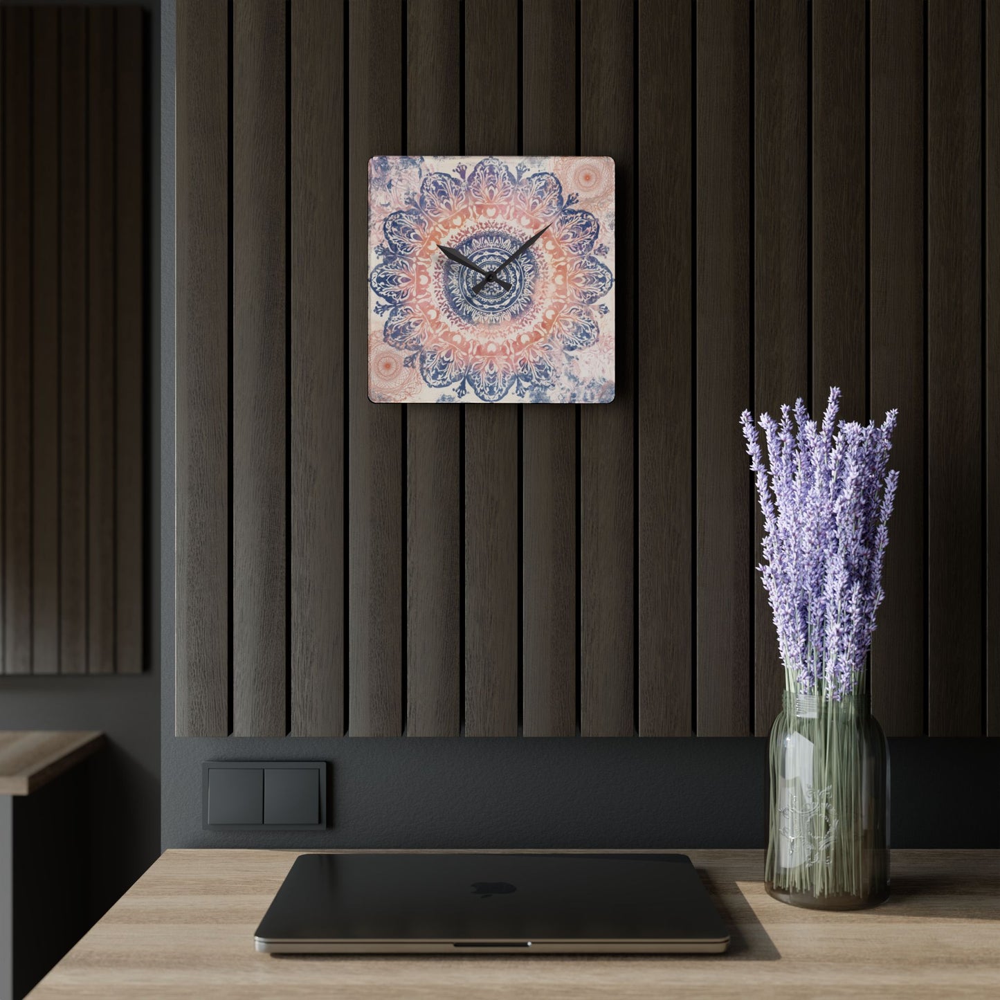 Mandala Acrylic Wall Clock — Boho Peach & Navy Decorative Clock