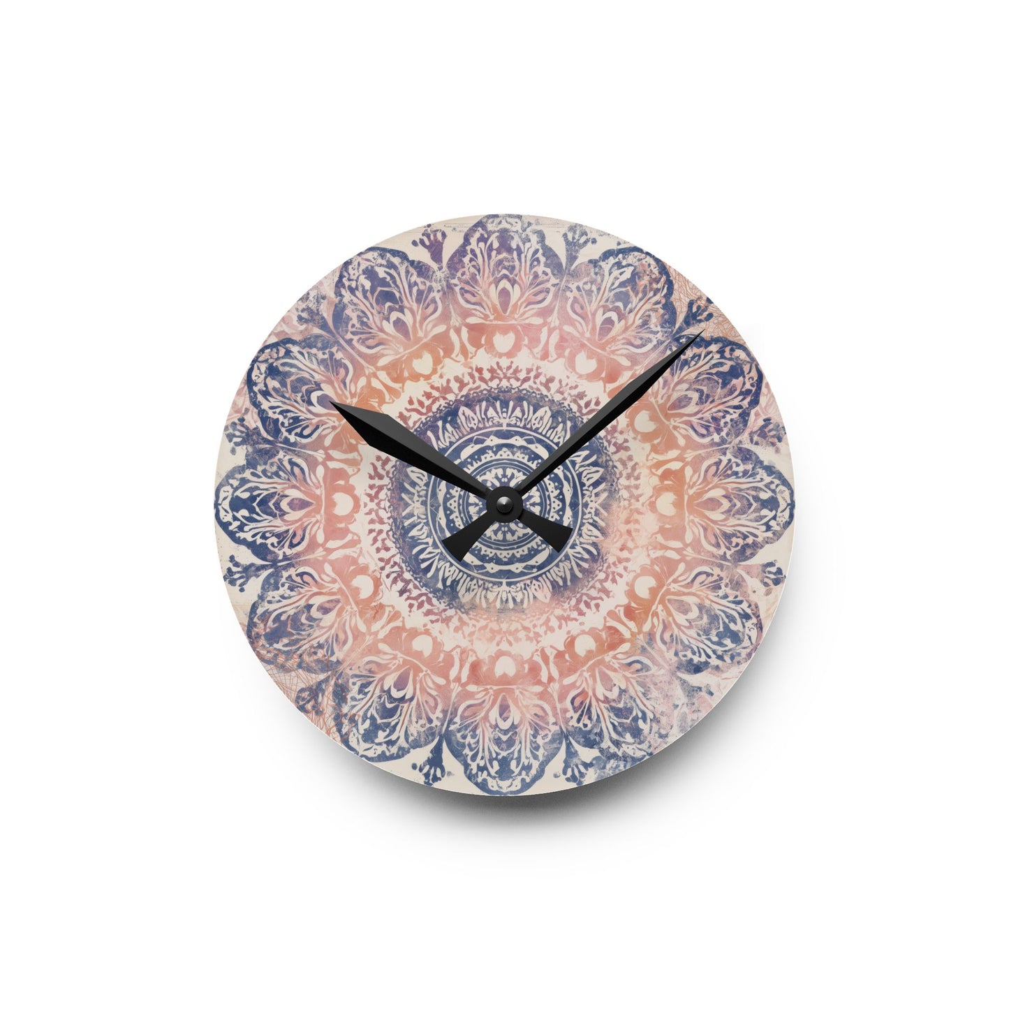 Mandala Acrylic Wall Clock — Boho Peach & Navy Decorative Clock