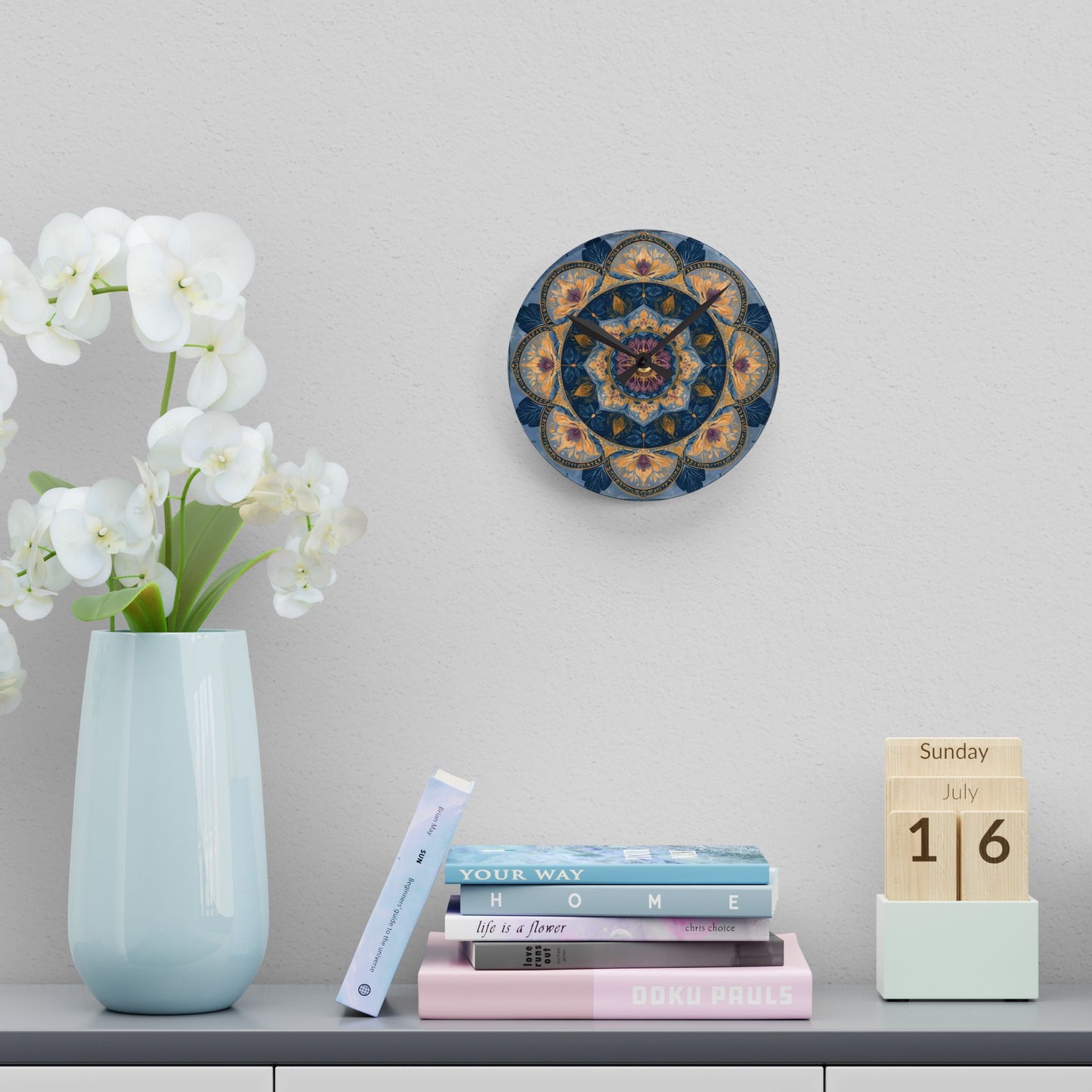 Mandala Floral Acrylic Wall Clock — Boho Blue Decorative Home Clock