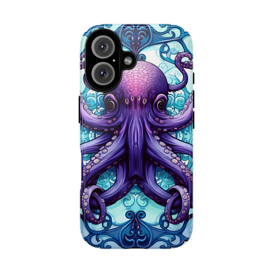 Aqua Blue & Purple Octopus Tough Phone Case | Art Nouveau Mandala Design | Device Protection for iPhone, Samsung Galaxy & Google Pixel