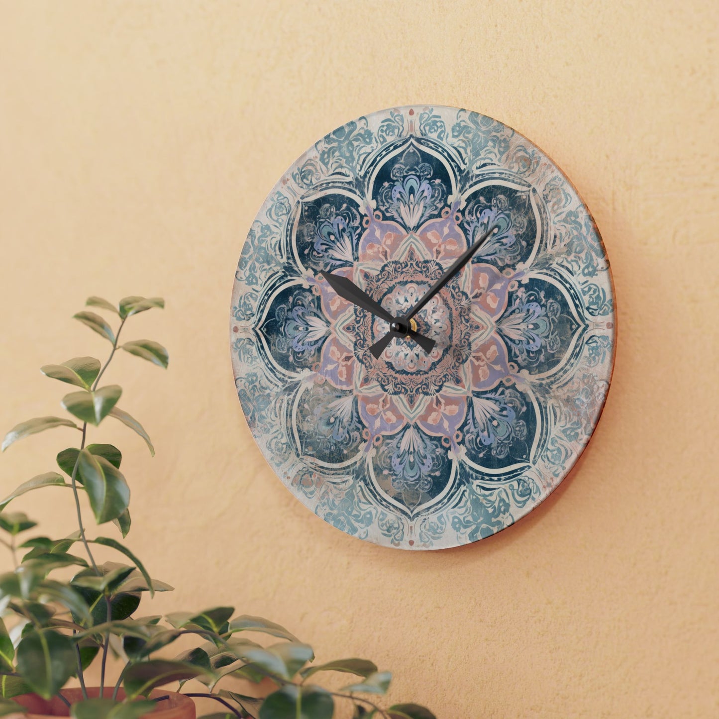 Boho Mandala Acrylic Wall Clock — Pastel Floral Decorative Clock