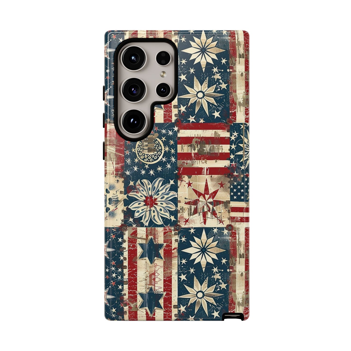 Patriotic Patchwork Phone Case — Vintage American Flag Stars & Quilted Design
