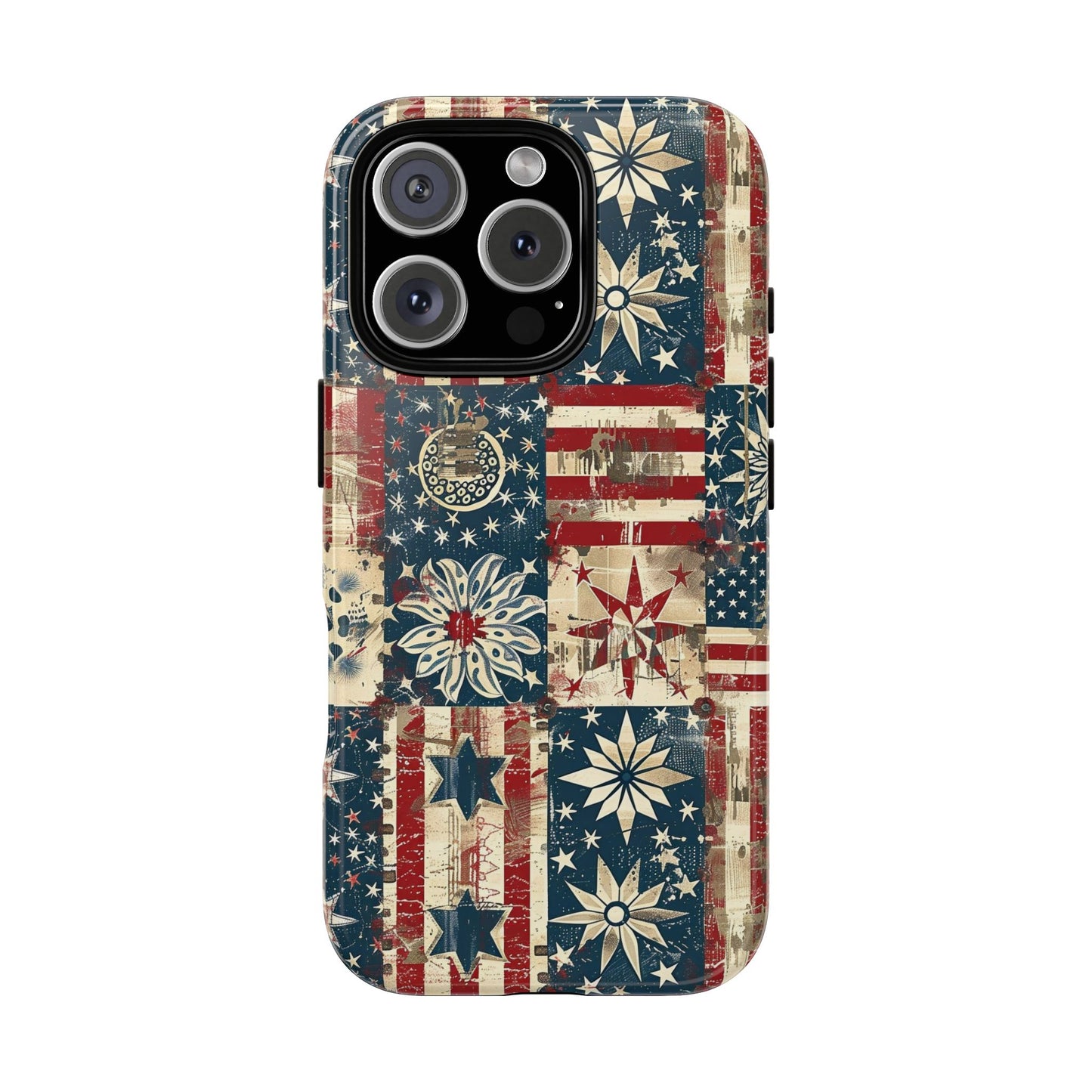 Patriotic Patchwork Phone Case — Vintage American Flag Stars & Quilted Design