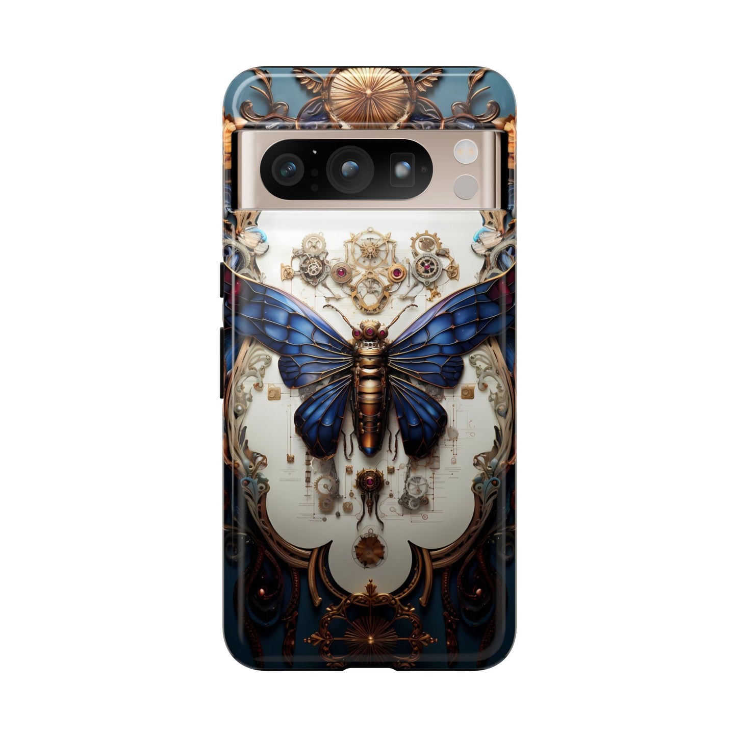 Blue Steampunk Cicada Tough Phone Case: Vintage Animatronic Insect Art for iPhone, Samsung Galaxy, and Google Pixel