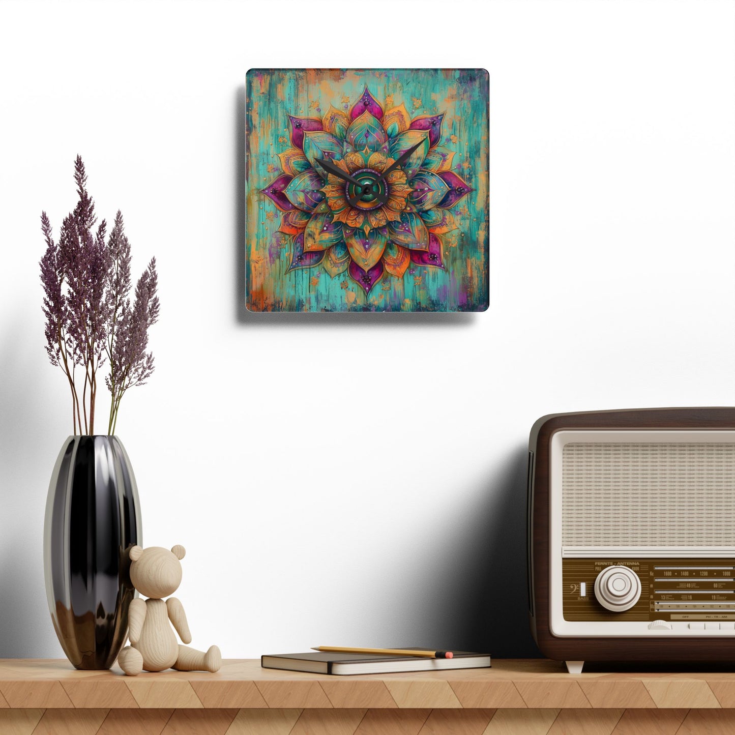 Mandala Acrylic Wall Clock — Boho Teal & Gold Decorative Clock