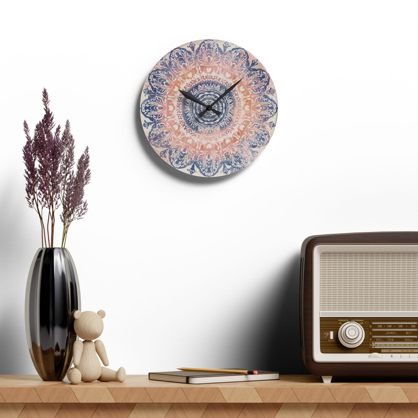 Mandala Acrylic Wall Clock — Boho Peach & Navy Decorative Clock