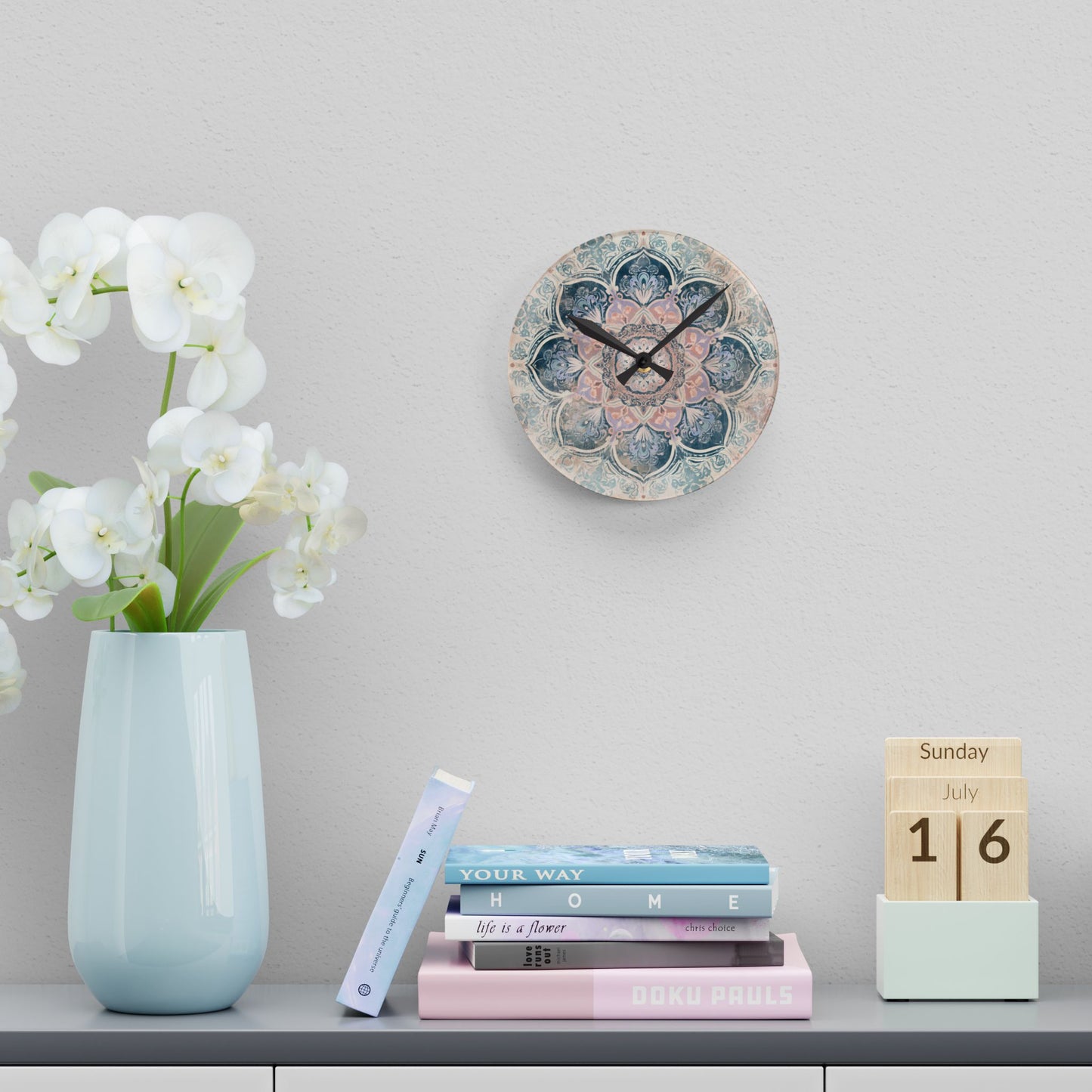 Boho Mandala Acrylic Wall Clock — Pastel Floral Decorative Clock