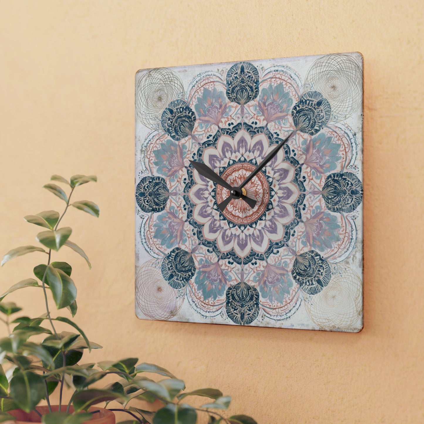 Mandala Acrylic Wall Clock — Boho Floral Decorative Clock