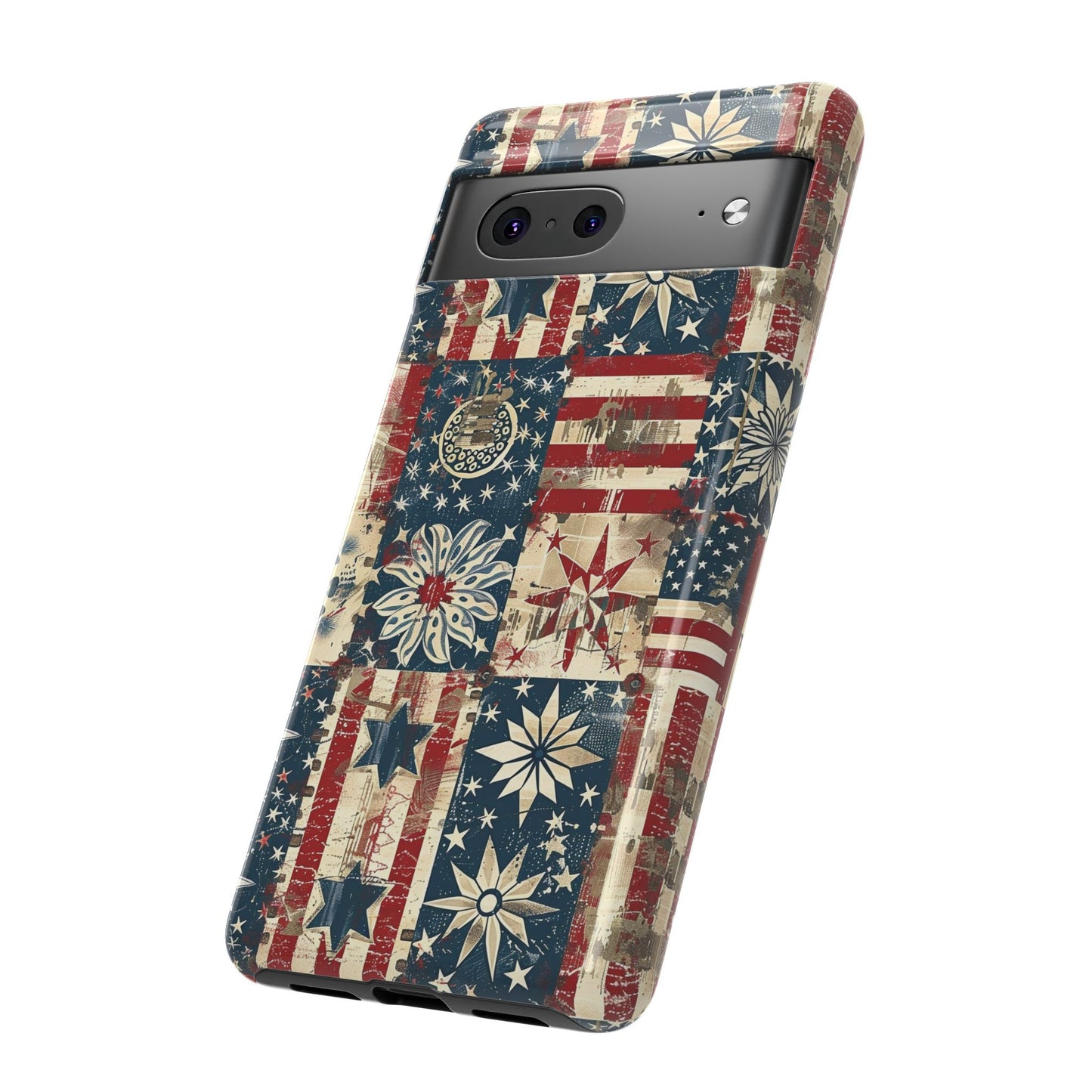 Patriotic Patchwork Phone Case — Vintage American Flag Stars & Quilted Design