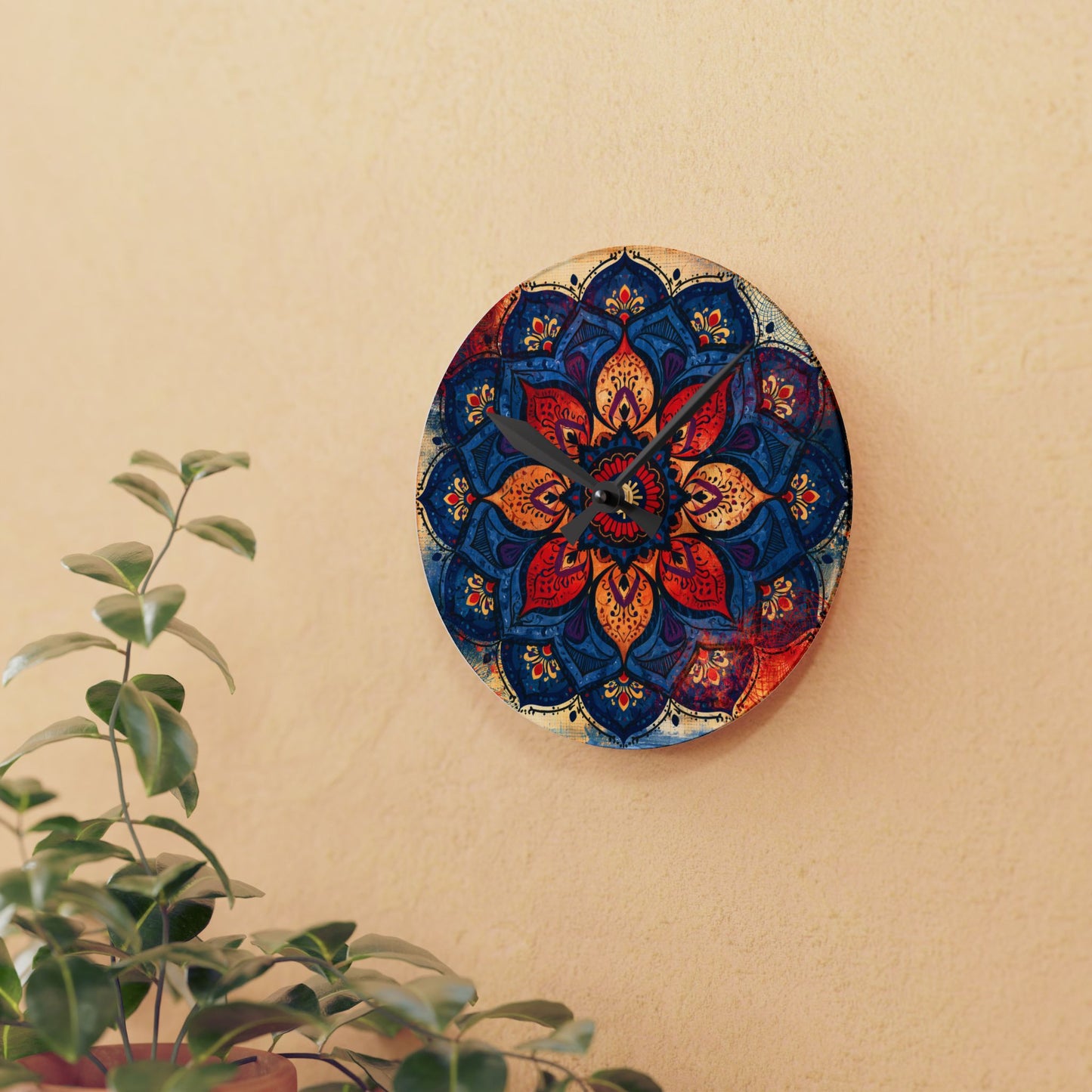 Mandala Acrylic Wall Clock — Colorful Boho Floral Timepiece