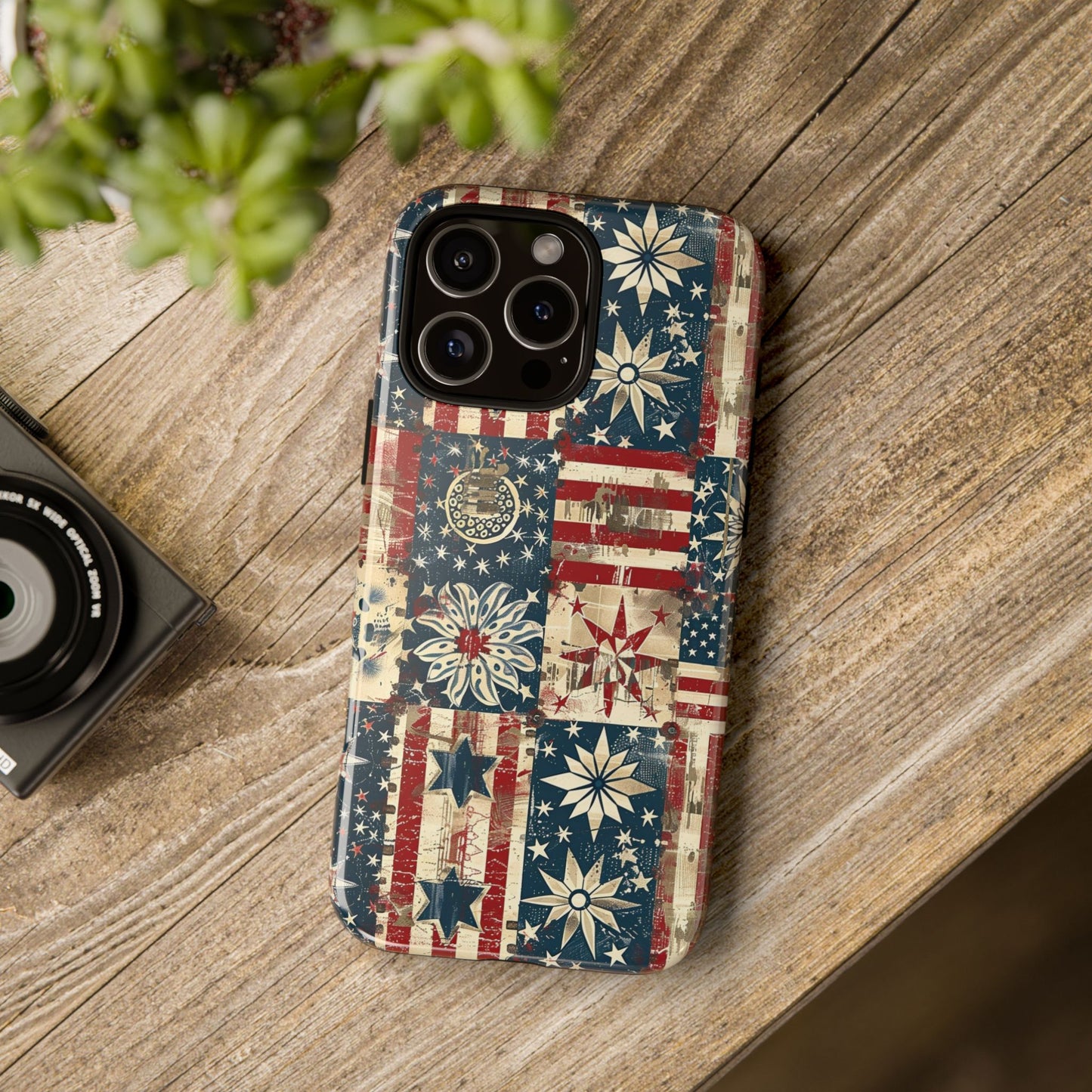 Patriotic Patchwork Phone Case — Vintage American Flag Stars & Quilted Design