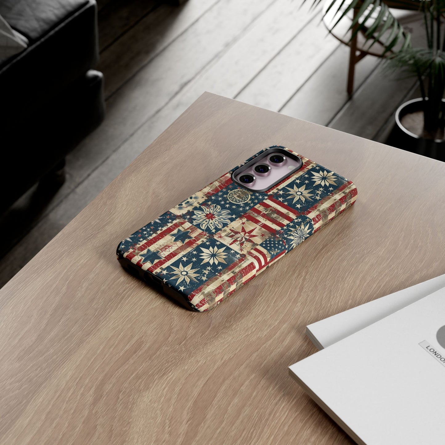 Patriotic Patchwork Phone Case — Vintage American Flag Stars & Quilted Design