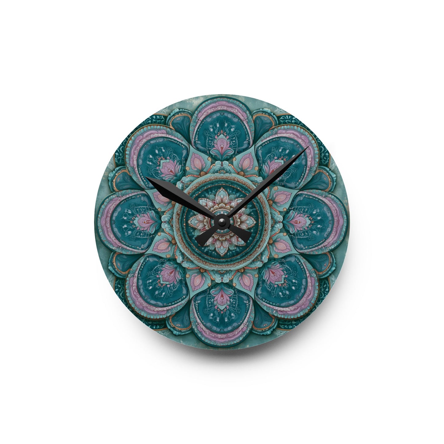 Mandala Acrylic Wall Clock – Teal & Pink Boho Decorative Clock