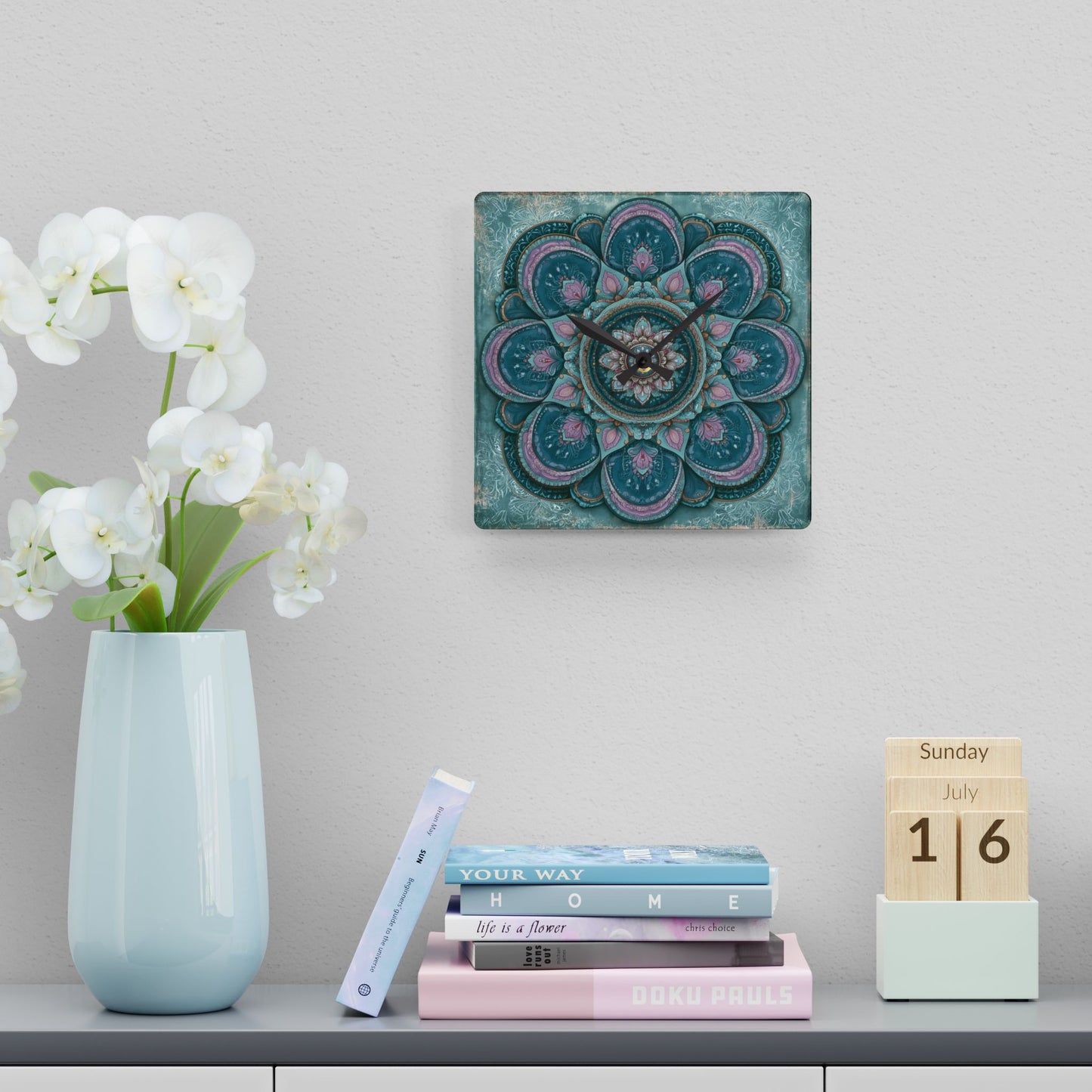 Mandala Acrylic Wall Clock – Teal & Pink Boho Decorative Clock