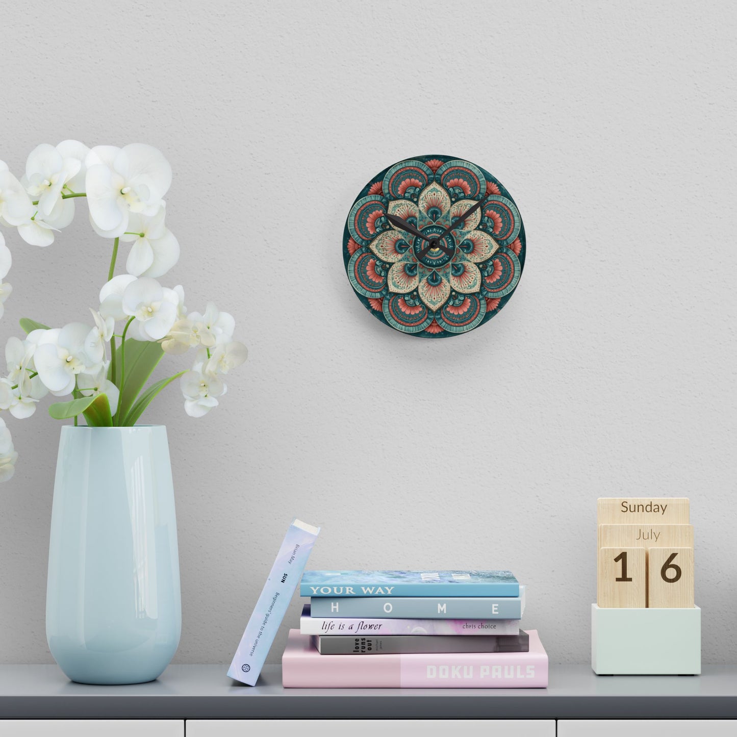 Mandala Floral Acrylic Wall Clock — Boho Decorative Home Clock