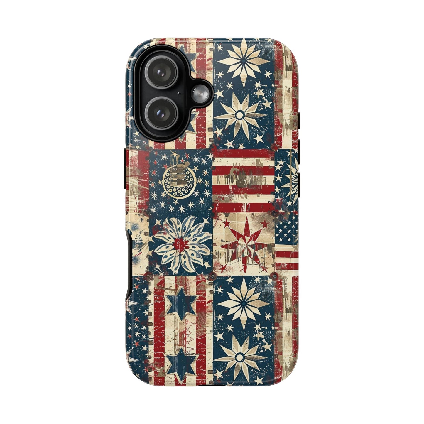 Patriotic Patchwork Phone Case — Vintage American Flag Stars & Quilted Design