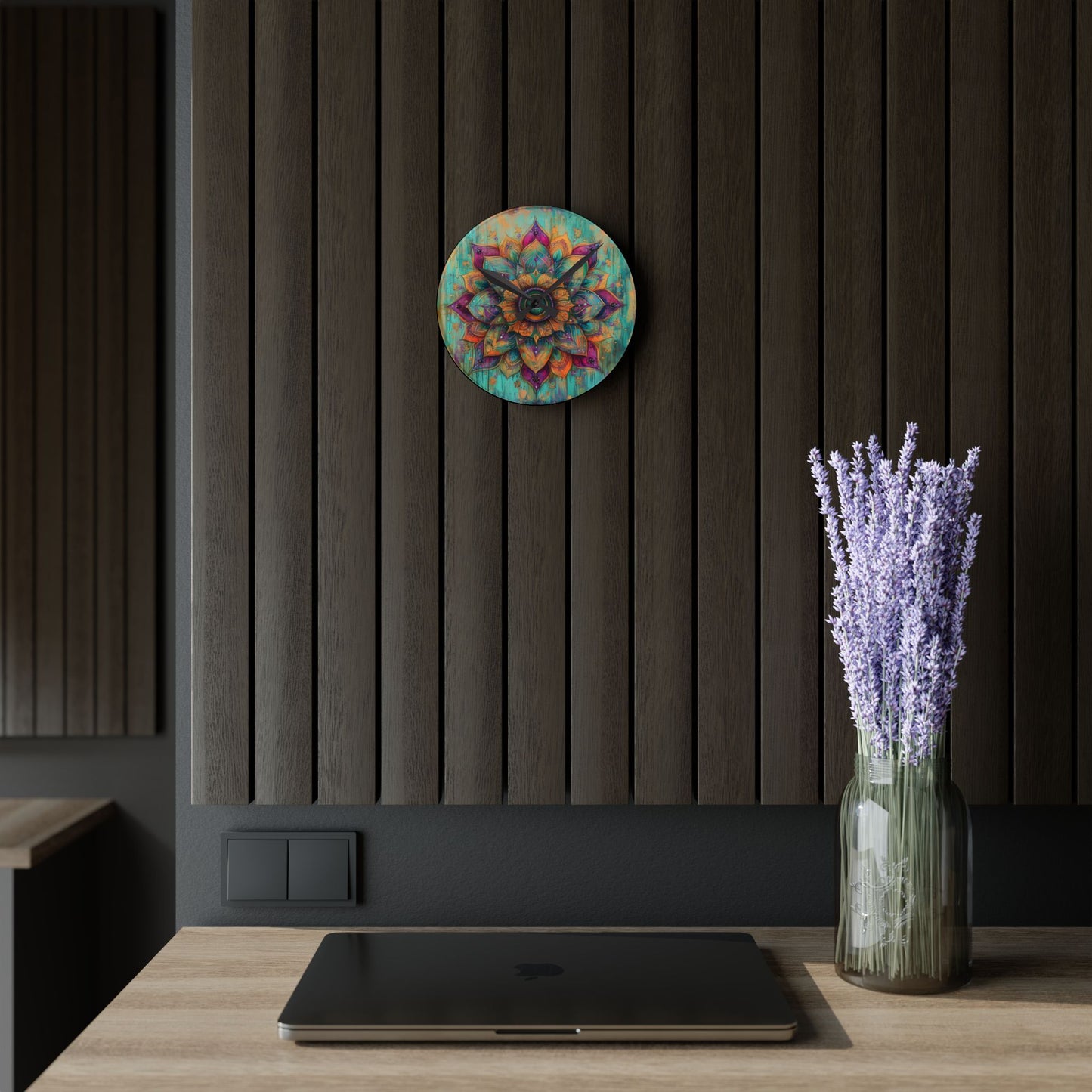 Mandala Acrylic Wall Clock — Boho Teal & Gold Decorative Clock