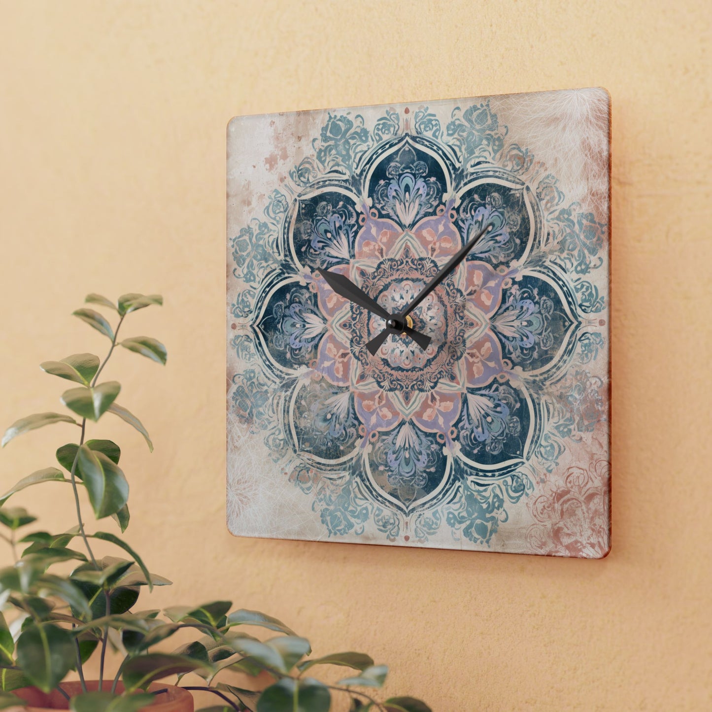 Boho Mandala Acrylic Wall Clock — Pastel Floral Decorative Clock
