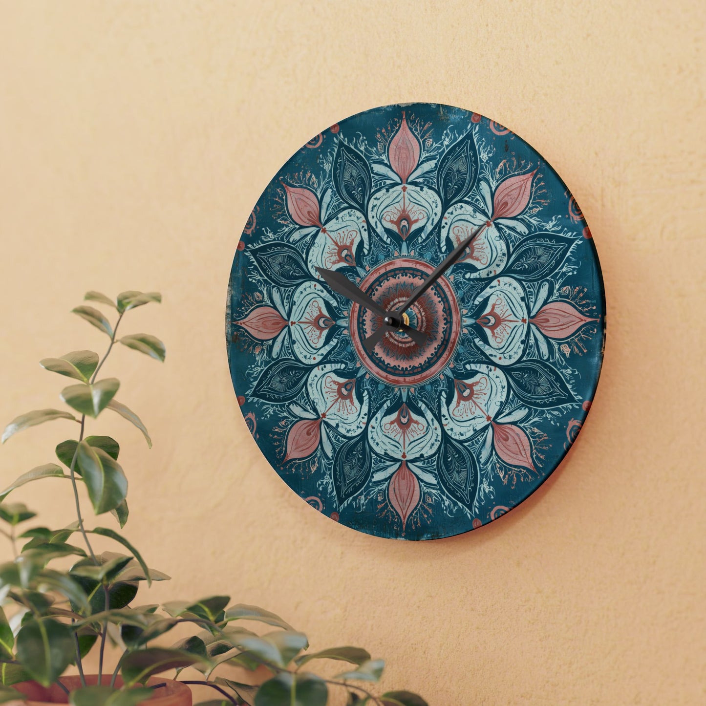 Mandala Floral Acrylic Wall Clock — Teal & Coral Boho Home Decor