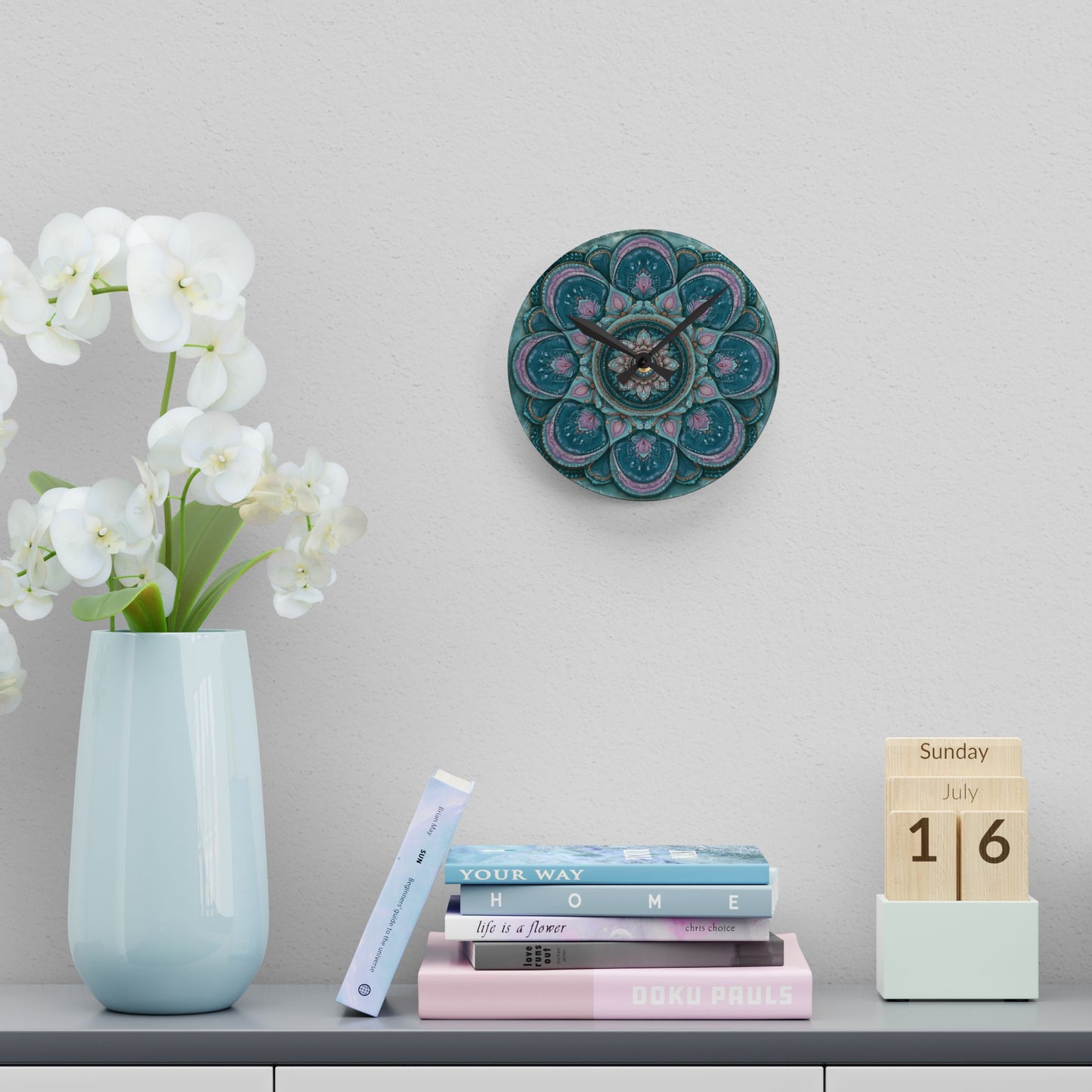 Mandala Acrylic Wall Clock – Teal & Pink Boho Decorative Clock