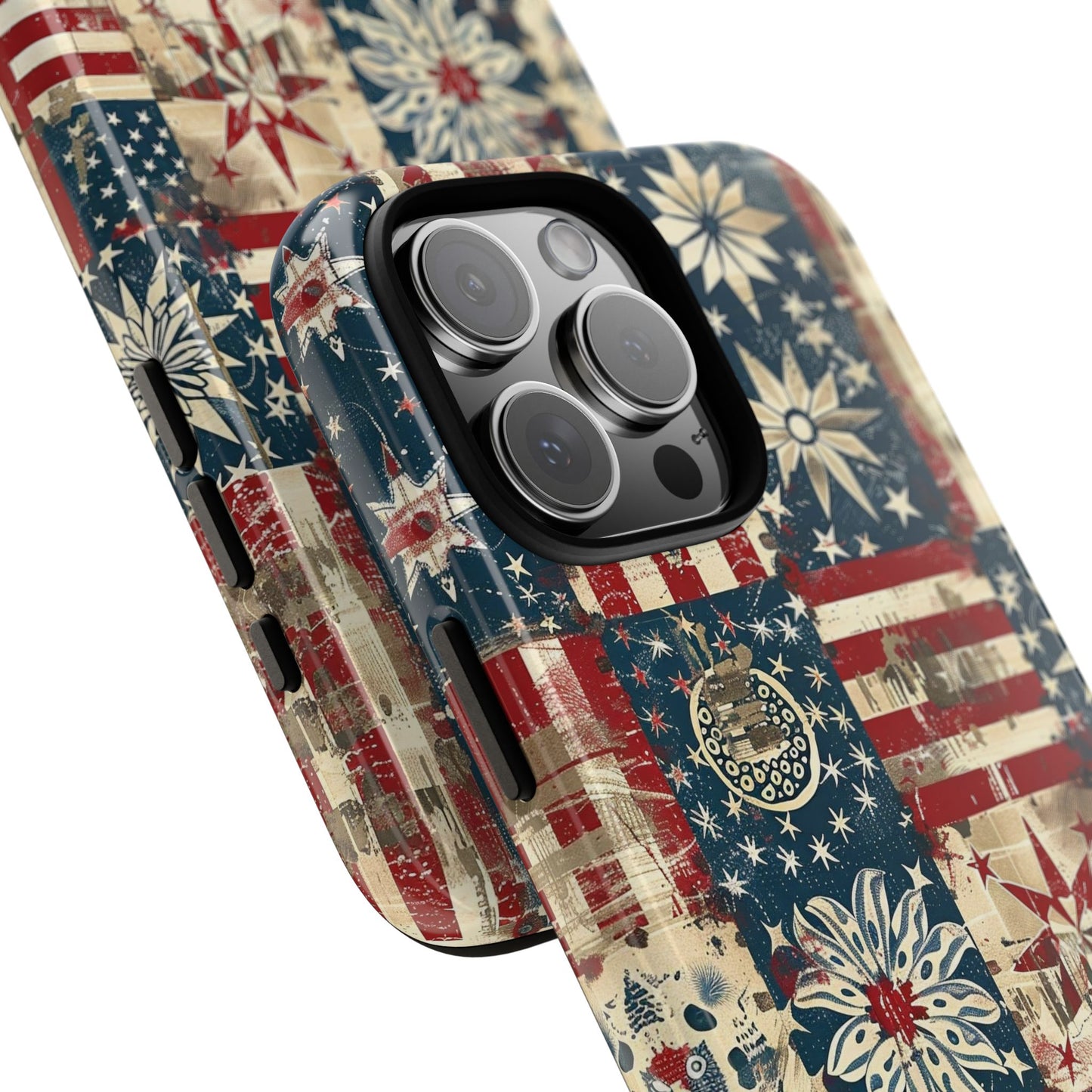 Patriotic Patchwork Phone Case — Vintage American Flag Stars & Quilted Design