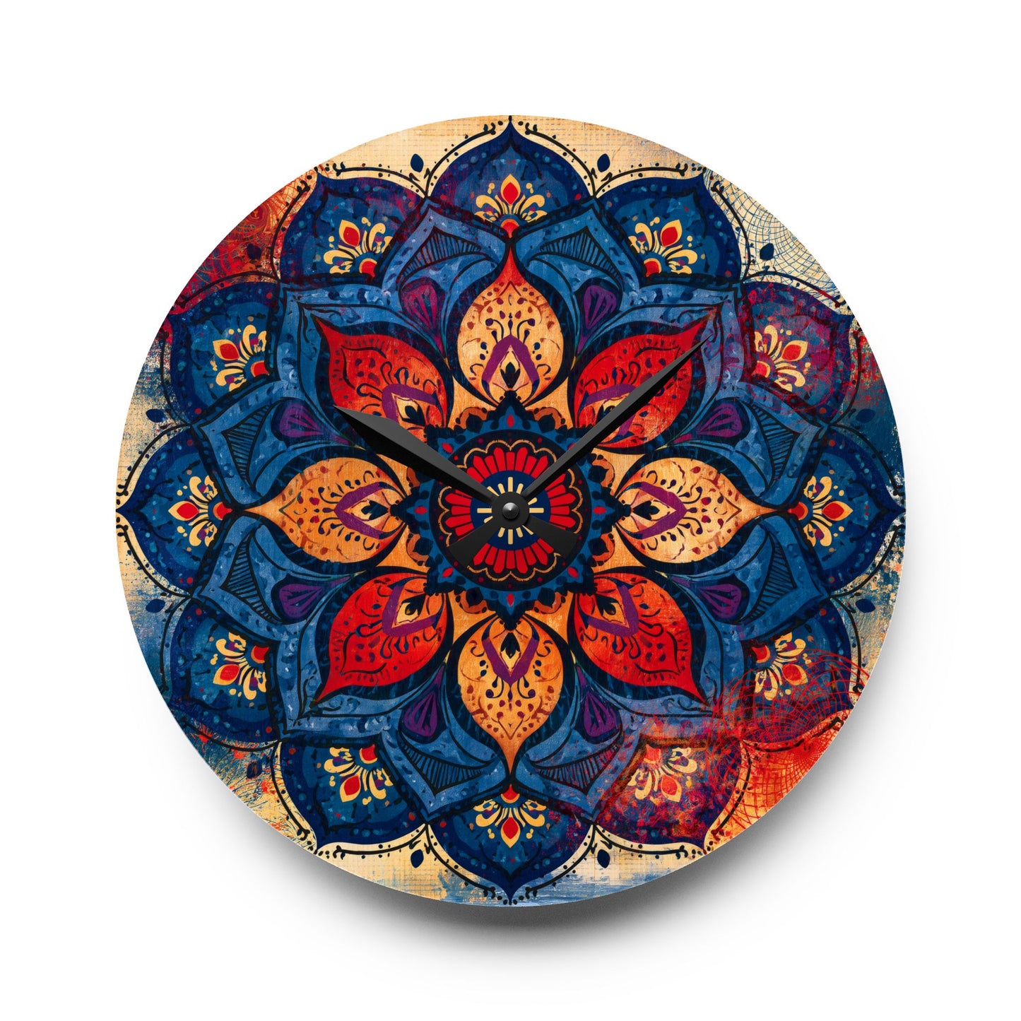 Mandala Acrylic Wall Clock — Colorful Boho Floral Timepiece