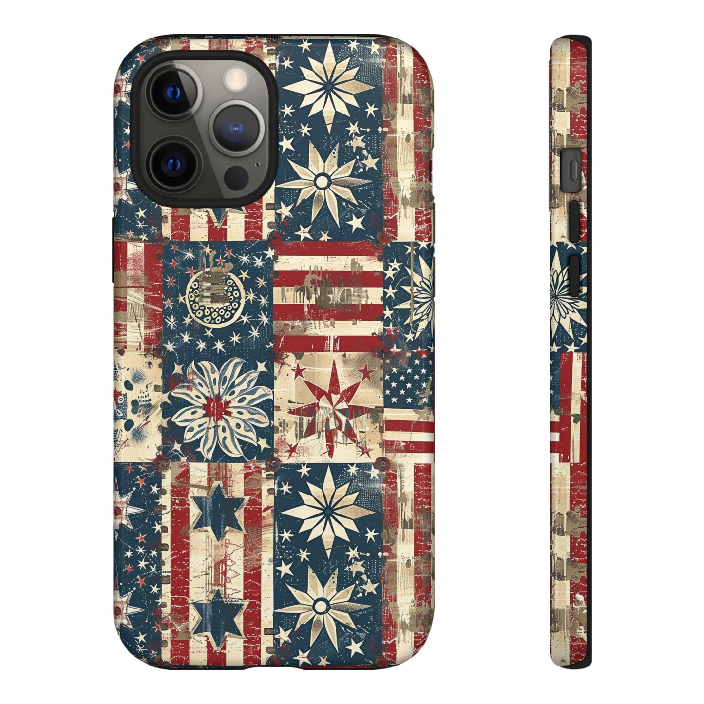 Patriotic Patchwork Phone Case — Vintage American Flag Stars & Quilted Design