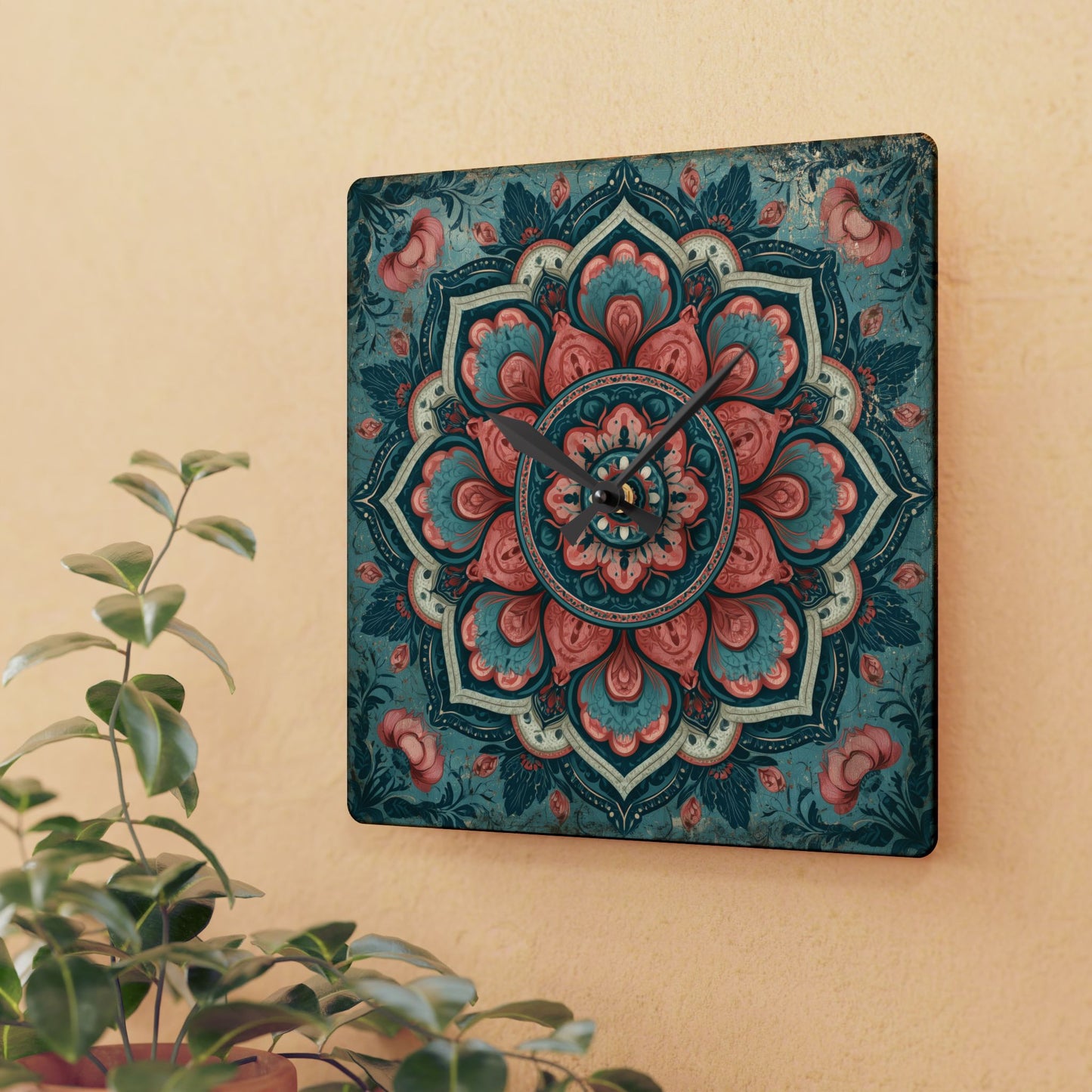 Mandala Acrylic Wall Clock — Boho Floral Decorative Clock