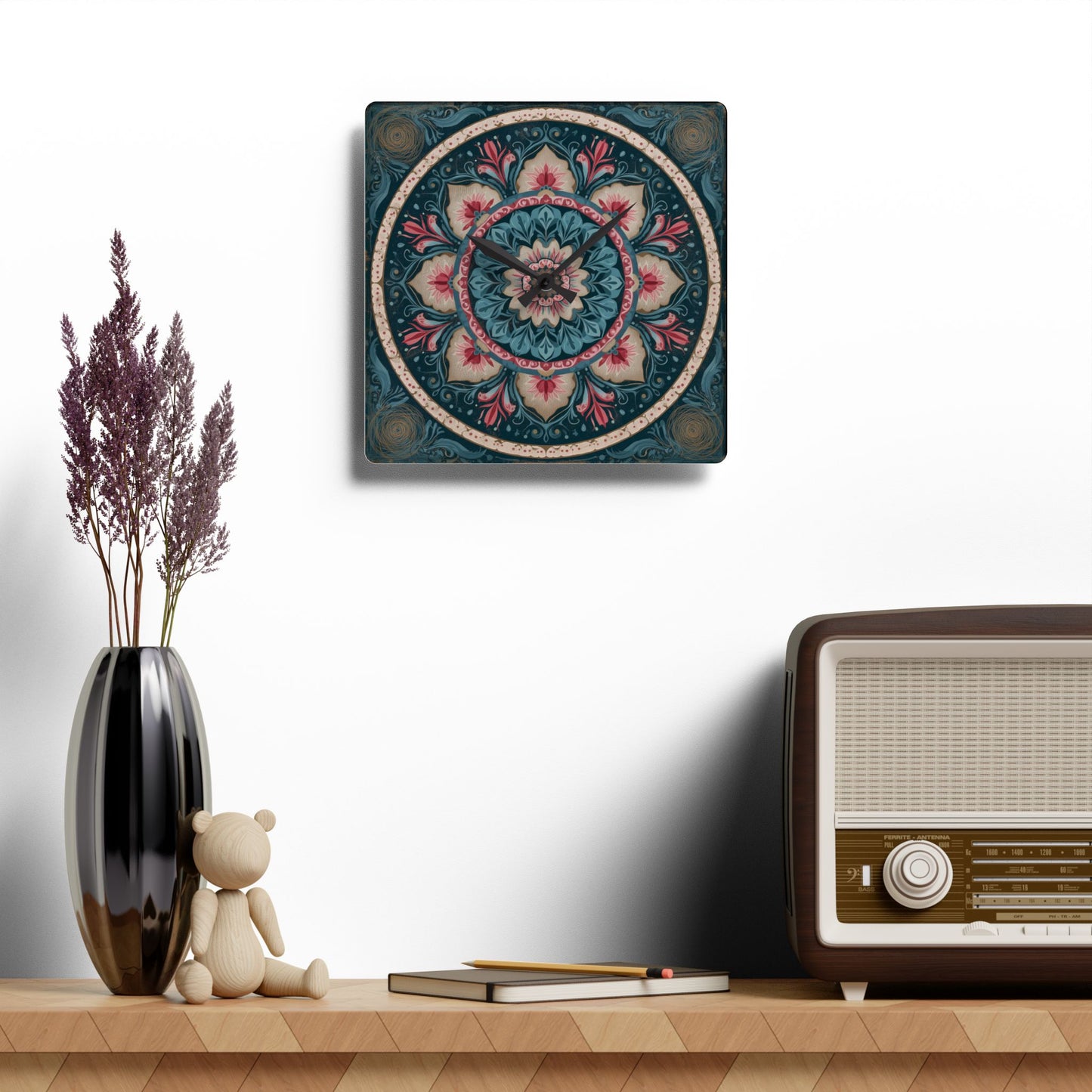 Bohemian Floral Mandala Acrylic Wall Clock — Decorative Home Accent