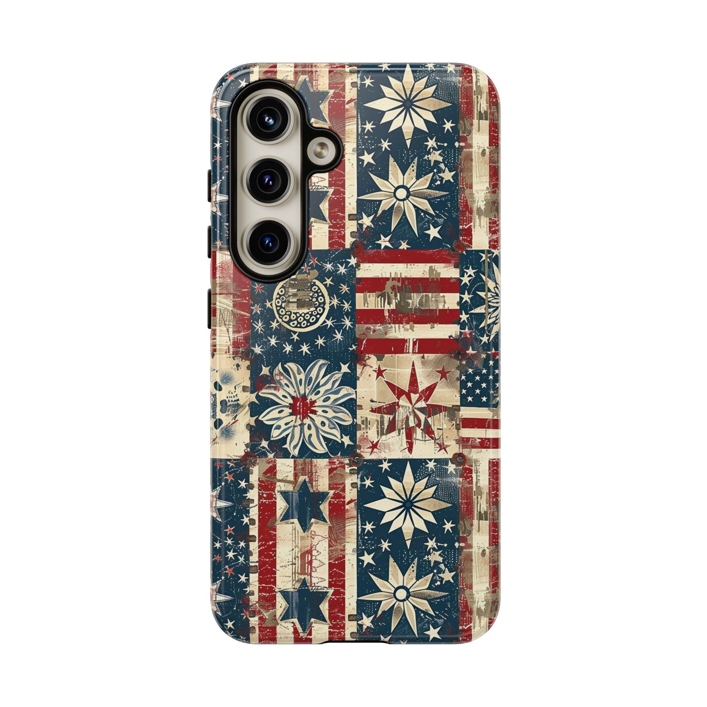 Patriotic Patchwork Phone Case — Vintage American Flag Stars & Quilted Design