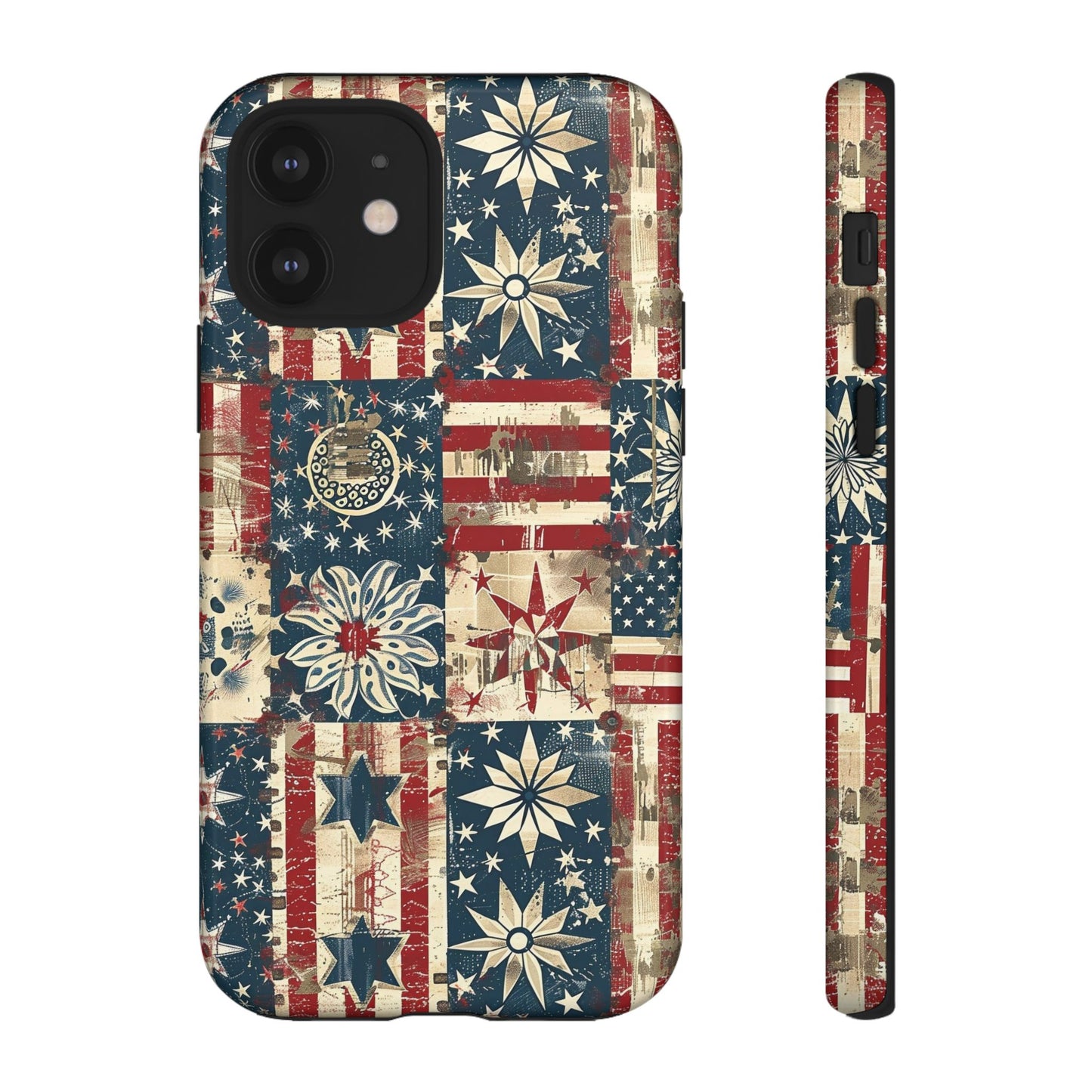 Patriotic Patchwork Phone Case — Vintage American Flag Stars & Quilted Design